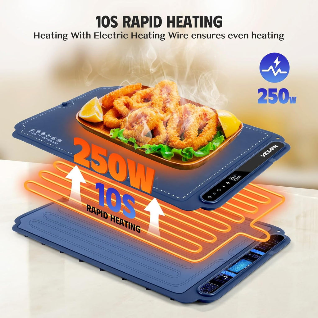 ACMETOP Food Warming Mat, Portable Silicone Electric Warming Tray, Versatile Full Surface 10s Heating Food Warmer with 7 Level Temperature & Timer for home dinner, Parties, Buffets andTravel (Beige)