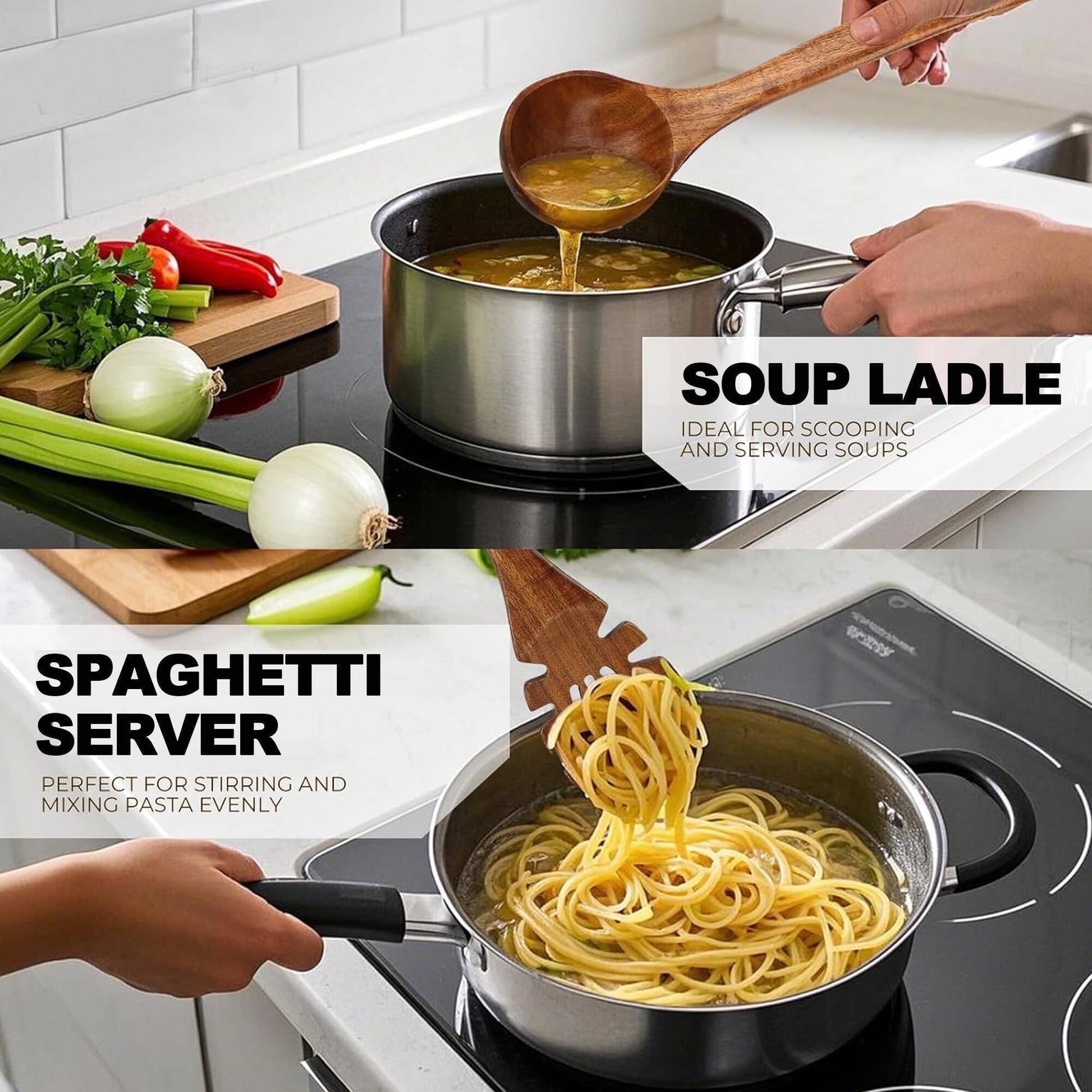 ACMETOP 6-Piece Natural Teak Wooden Spoons for Cooking With 10 Hooks，Handcrafted Kitchen Utensils Set ，Ideal Gift Set