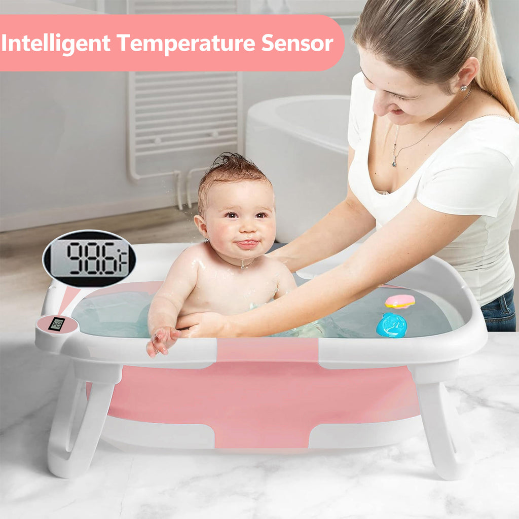 Morfone Collapsible Baby Bathtub for Newborn to Toddler 0-36 months with Thermometer, Hooded Towel, Soft Cushion and Bath Toys, Portable Travel Baby Tub with Drain Hole