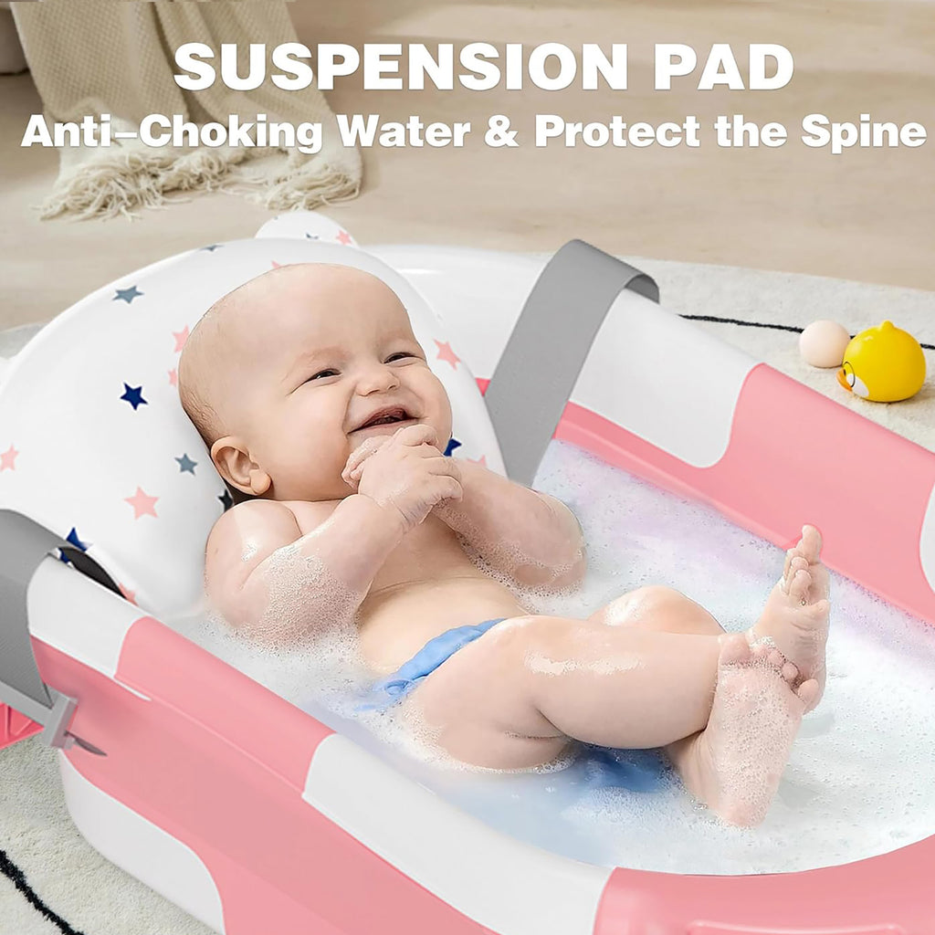 Morfone Collapsible Baby Bathtub for Newborn to Toddler 0-36 months with Thermometer, Hooded Towel, Soft Cushion and Bath Toys, Portable Travel Baby Tub with Drain Hole