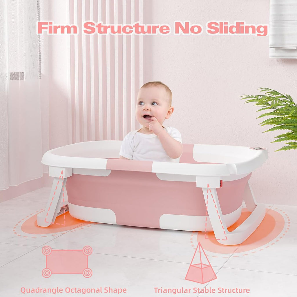 Morfone Collapsible Baby Bathtub for Newborn to Toddler 0-36 months with Thermometer, Hooded Towel, Soft Cushion and Bath Toys, Portable Travel Baby Tub with Drain Hole