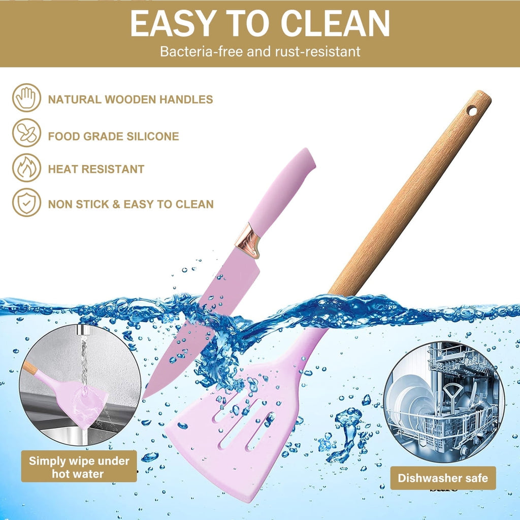 ACMETOP 19 Pieces Kitchen Utensils Set-11 Silicone Cooking Utensils Set, 6 Stainless Steel Sharp Knife set, 2 Cutting Board and Holder (Pink)