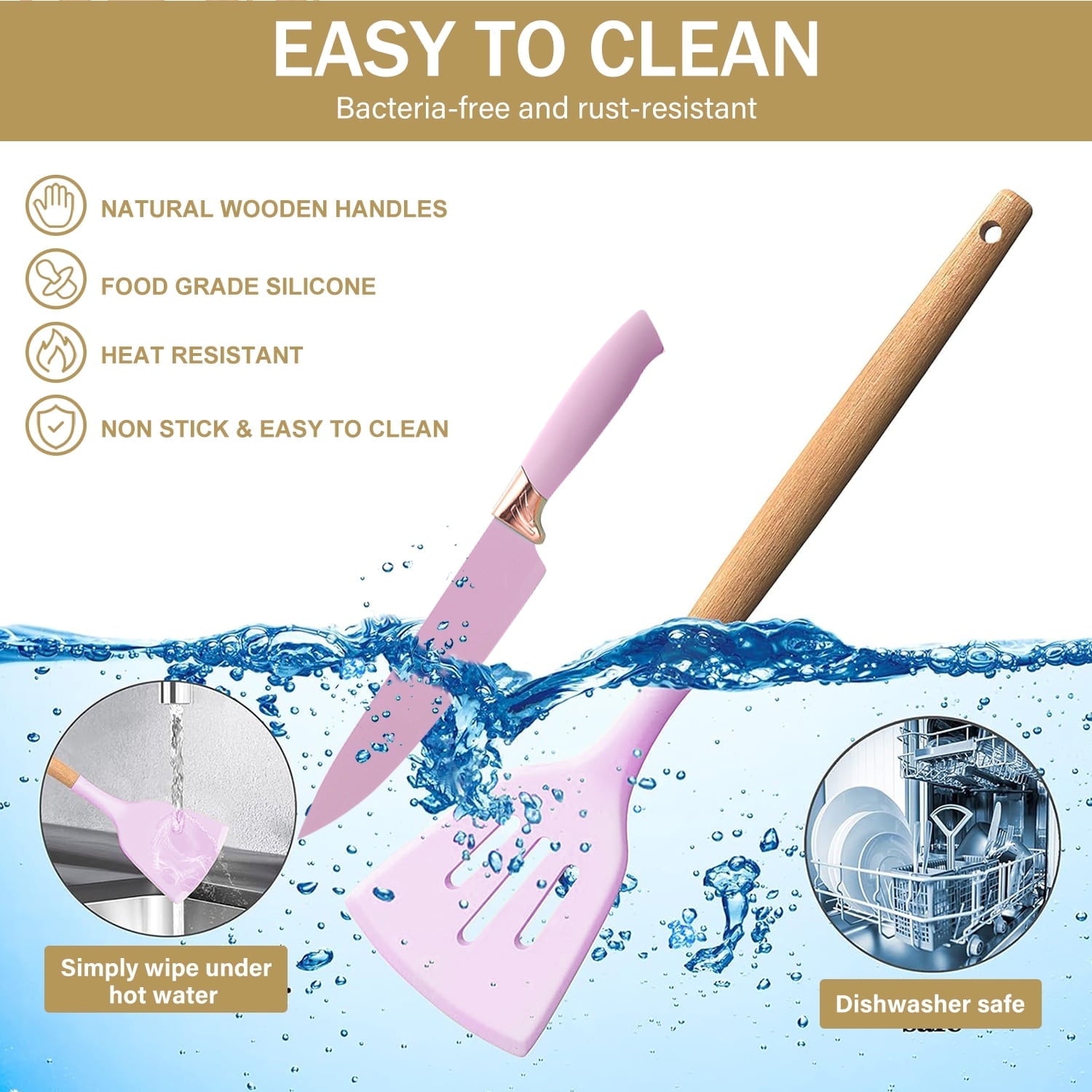 ACMETOP 19 Pieces Kitchen Utensils Set-11 Silicone Cooking Utensils Set, 6 Stainless Steel Sharp Knife set, 2 Cutting Board and Holder (Pink)