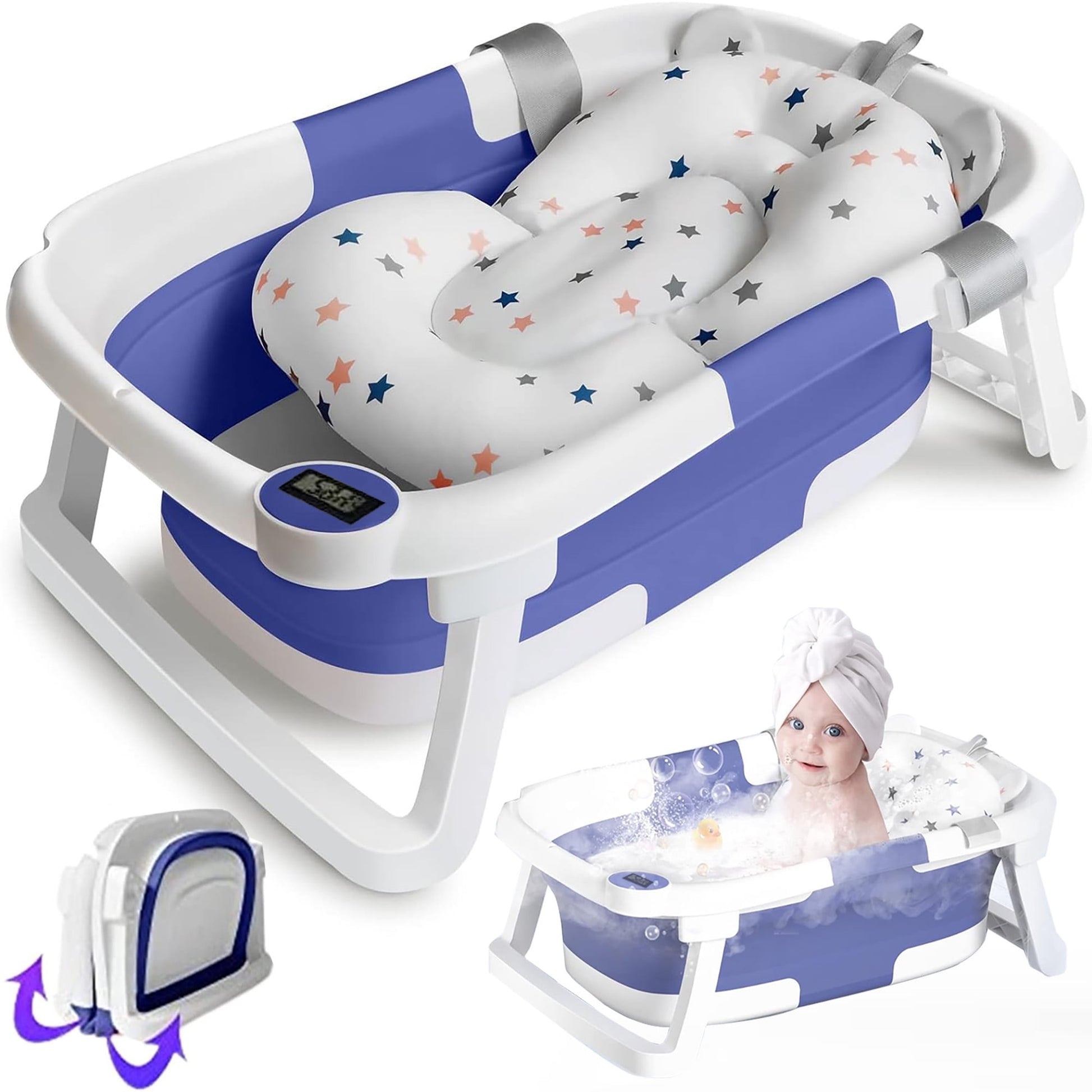 Morfone Collapsible Baby Bathtub, Baby Bath Tub with Soft Cushion & Thermometer, Baby Bathtub Newborn to Toddler 0-36 Months, Portable Travel Baby Tub, Blue