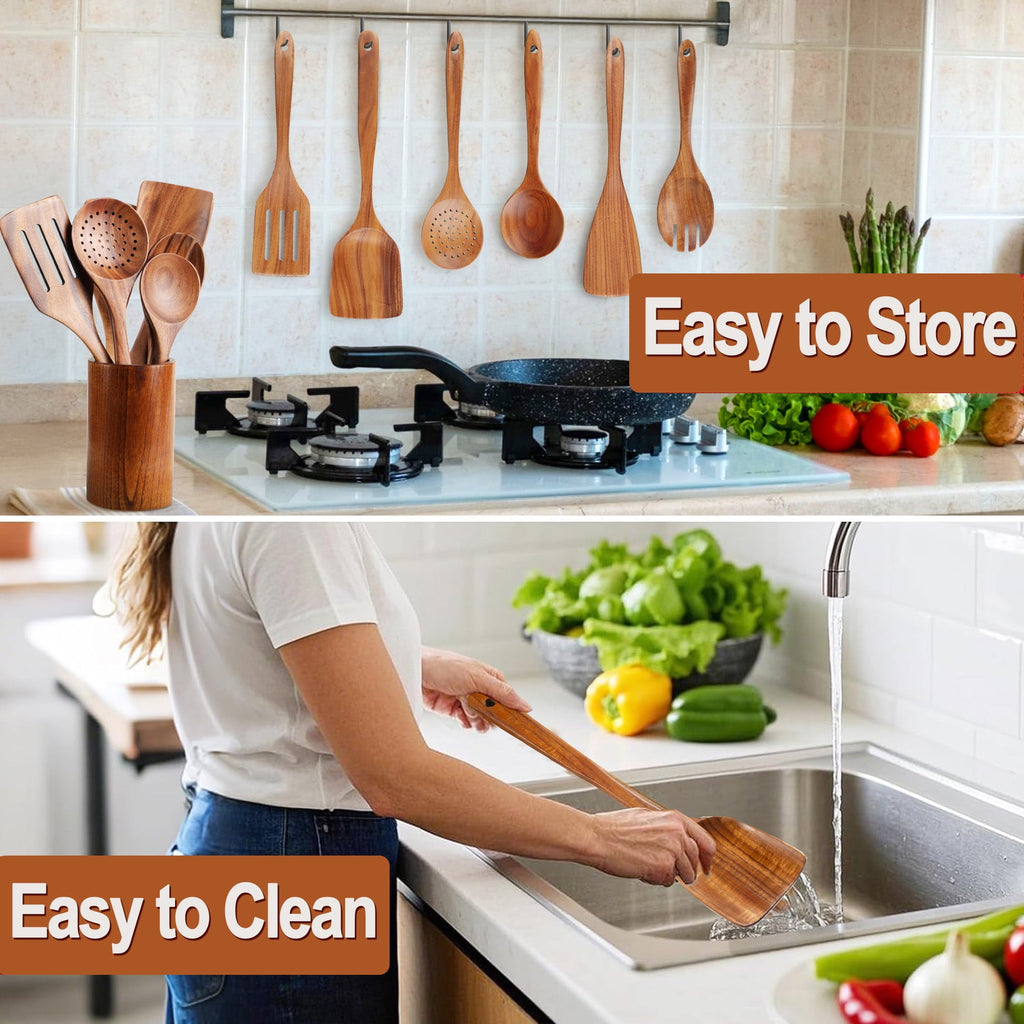ACMETOP Wooden Spoons for Cooking, 9 Pcs Natural Teak Kitchen Utensil Set with Utensils Holder & Spoon Rest, Wooden Cooking Utensils for Nonstick Pans & Cookware