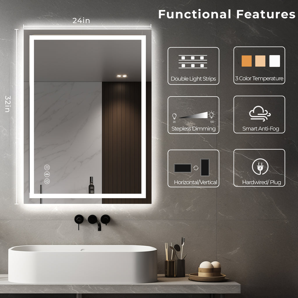 Anoak LED Bathroom Mirror, 24"x 32" Lighted Anti-fog LED Bathroom Vanity Mirror with Dual Light Source, 3 Color Lights, Horizontal & Vertical