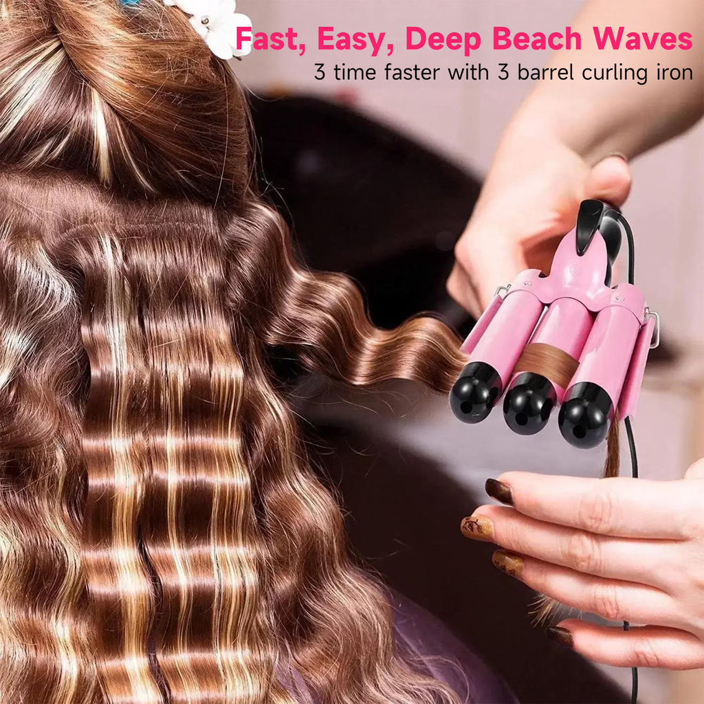 Morfone 3 Jumbo Barrel Curling Iron Wand 22mm Hair Waver Temperature Adjustable Ceramic Big Waves Hair Crimper (Pink)