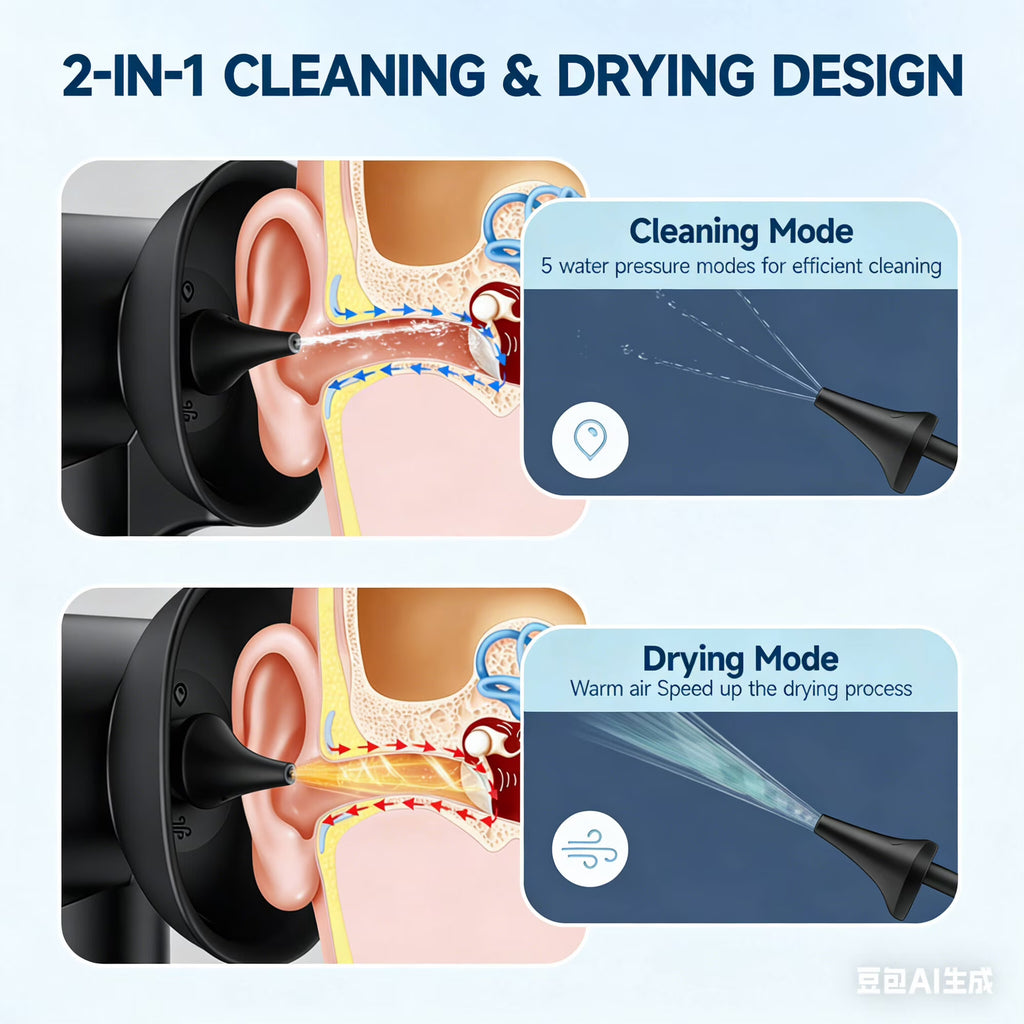 Morfone Upgraded Ear Wax Removal, 2 in 1 Cleaning & Drying Ear Cleaner, Effective Ear Cleaning Kit with One-Piece Waste Tank, Safe Ear Irrigation with 5 Pressure Settings, IPX7