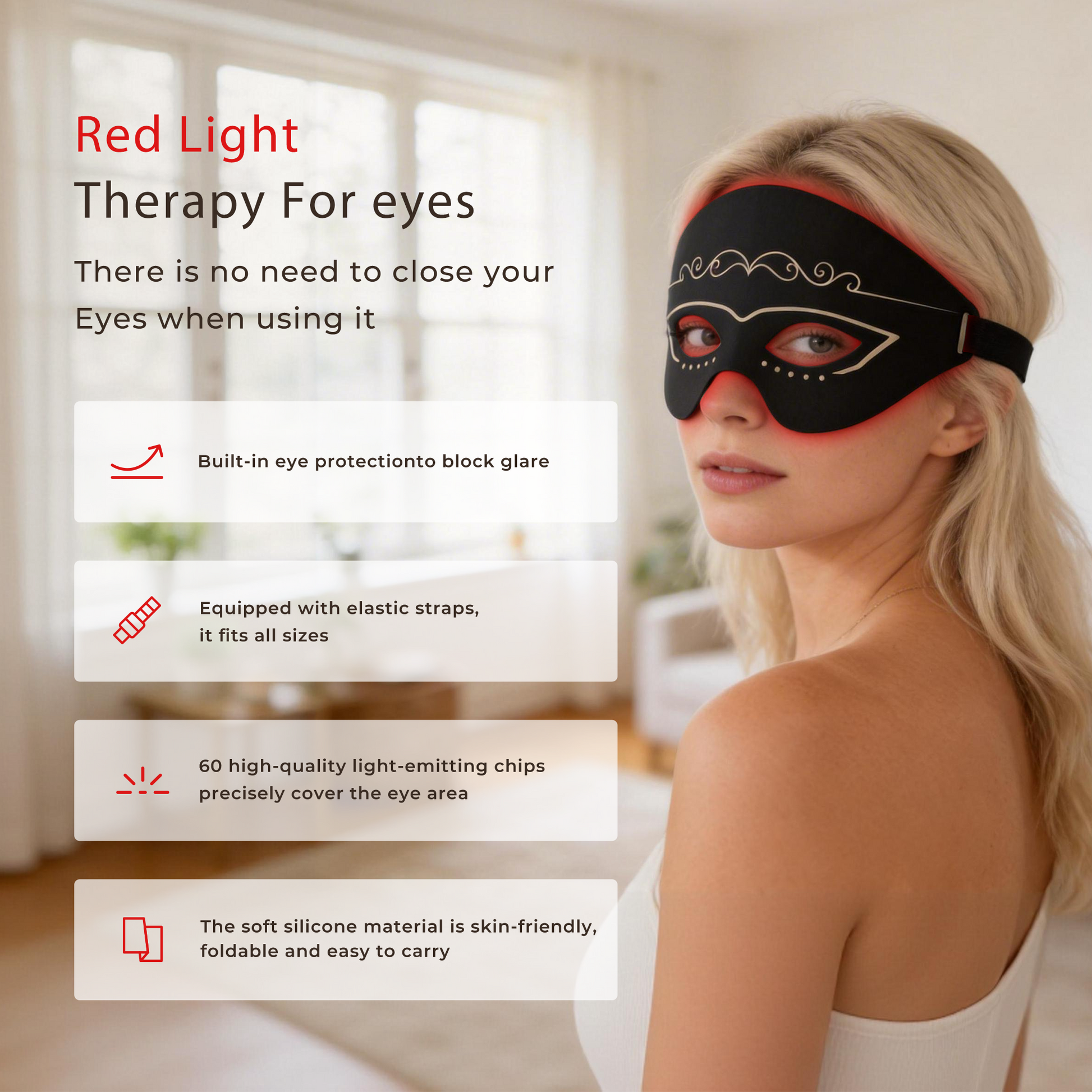 Morfone Reduces wrinkles around the eyes and relieves fatigue. Red light eye care mask with 3 modes, black, 1 piece
