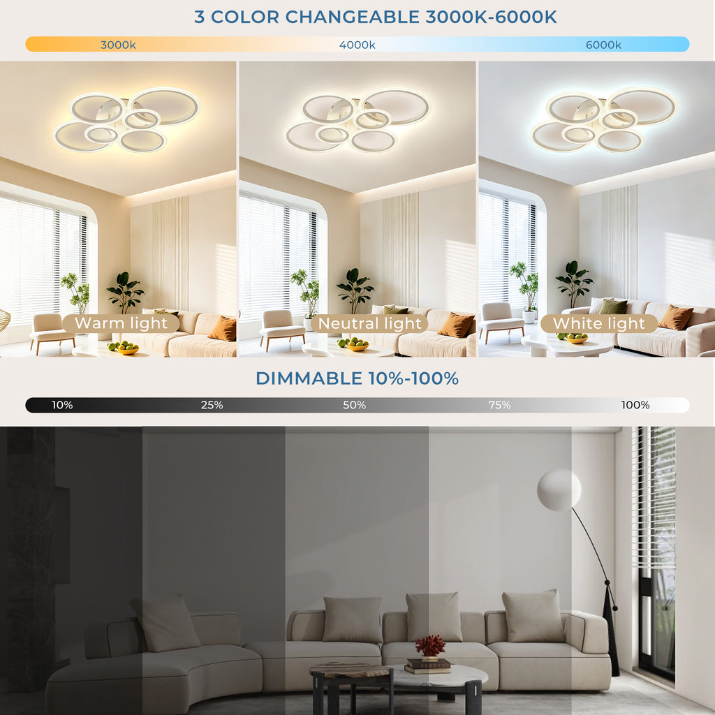 Anoak Ceiling Light, Dimmable Modern LED Ceiling Light with Remote Control, 30.7" 6-Ring Light Fixture for Living Room, Dining Room, Bedroom, Kitchen