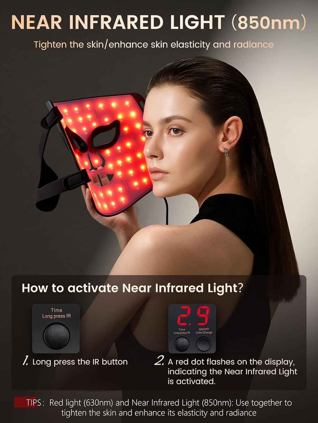 Morfone Red Light Mask , 7-Color LED Face Mask with 5 Brightness, Timer for Home Use Working Travel Yoga