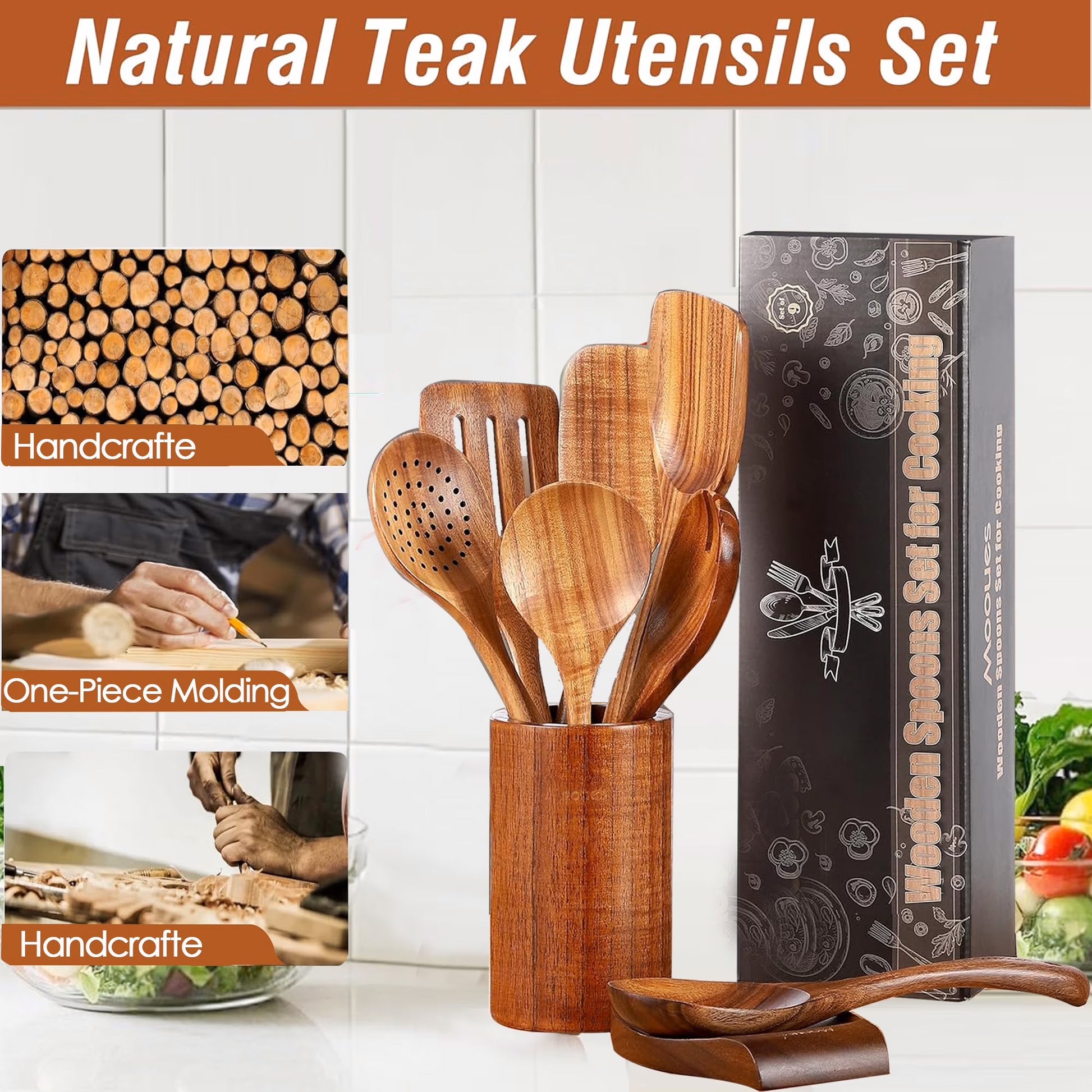 ACMETOP Wooden Spoons for Cooking, 10 Pcs Natural Teak Kitchen Utensil Set, Wooden Cooking Utensils Set for Nonstick Pans & Cookware