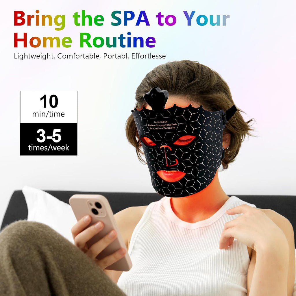 Morfone 9 Color LED Face Mask, Wireless LED Face Mask  with Eye Cushion, Lightweight Soft Silicone Red Light Mask for Face, Black