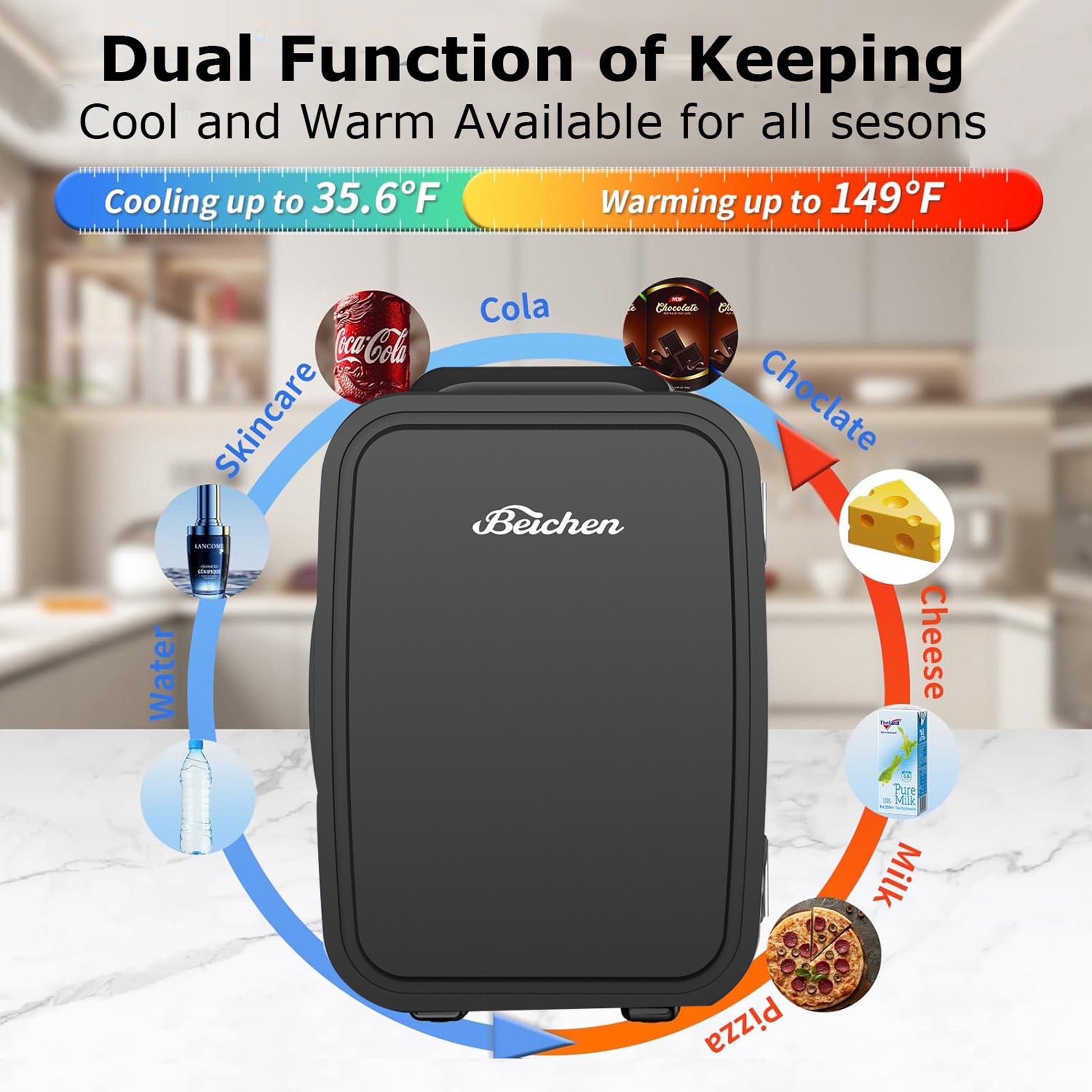 BEICHEN Mini Fridge, 4L/6 Can Small Refrigerator for Bedroom, Car, Office & Dorm,110V AC/ 12V DC Thermoelectric Cooler and Warmer for Cosmetics, Beverage and Food, Black