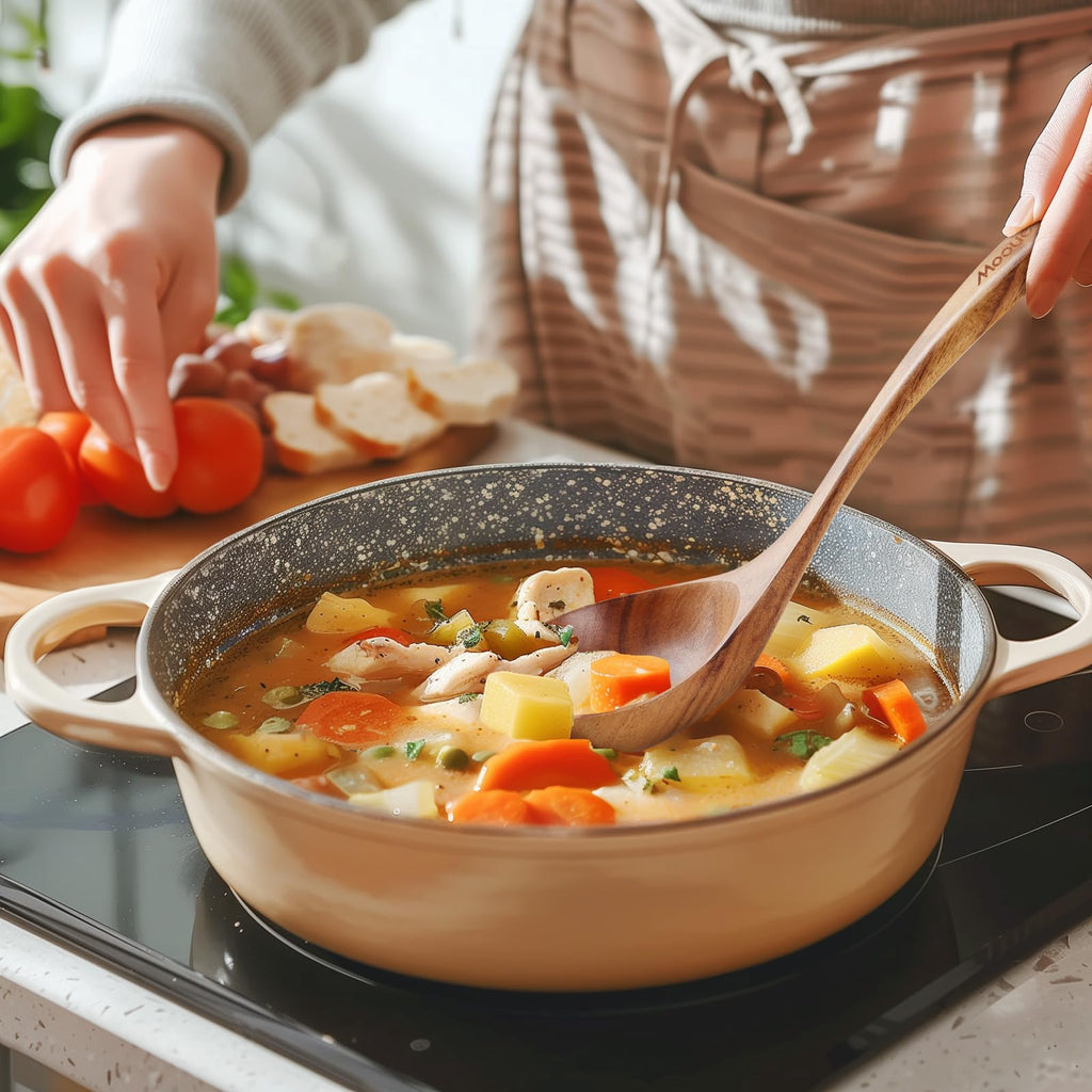 Mooues 9-Piece Natural Teak Wood Kitchen Utensil Set with Spoon Holder — Comfortable Grip Cooking Spoons and Utensil Storage Rack. Housewarming Gift