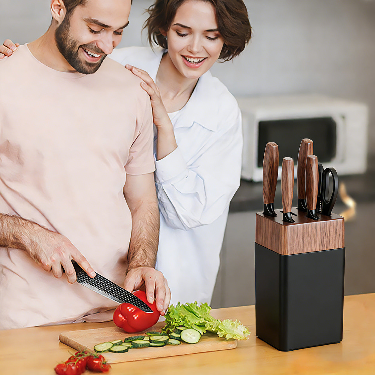 Mooues Black Knife Block Stainless Steel 7-Piece Knife Set with Sharpener. Home Kitchen Knife Set & Gift Selection