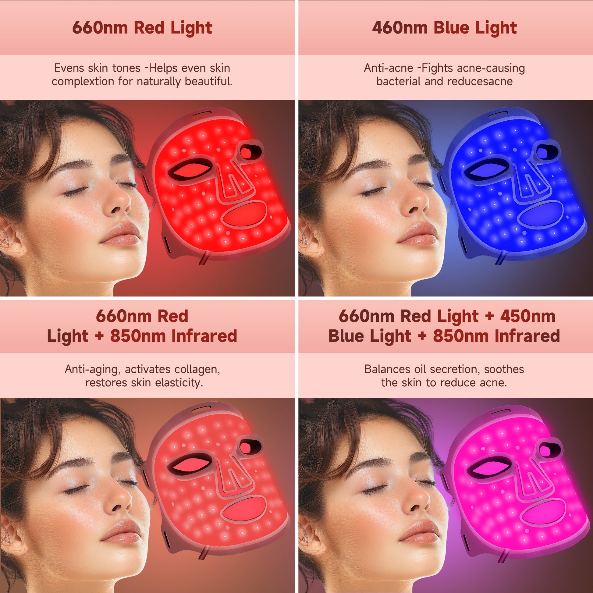 Morfone 4-mode LED facial red light therapy lamp. Portable care set with remote control, suitable for home and travel skin therapy（Pink）
