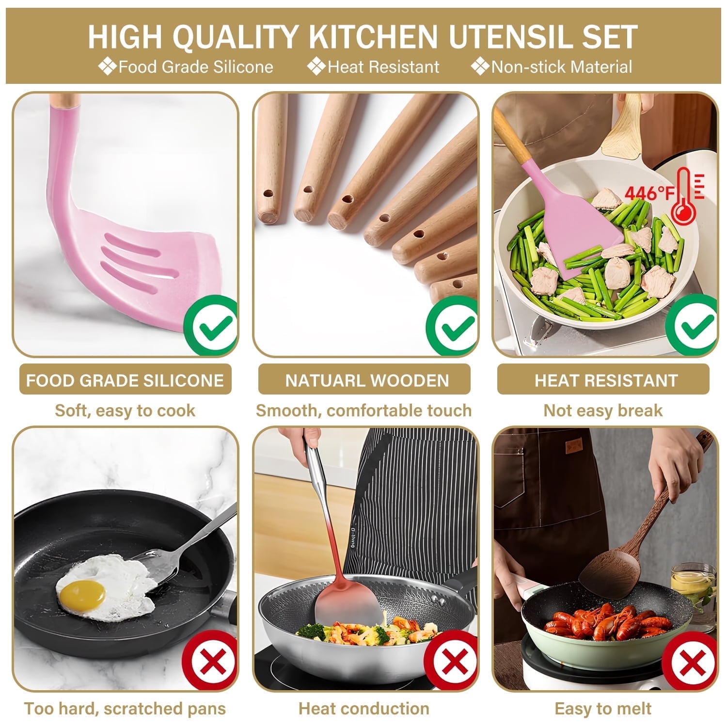 ACMETOP 19 Pieces Kitchen Utensils Set-11 Silicone Cooking Utensils Set, 6 Stainless Steel Sharp Knife set, 2 Cutting Board and Holder (Pink)