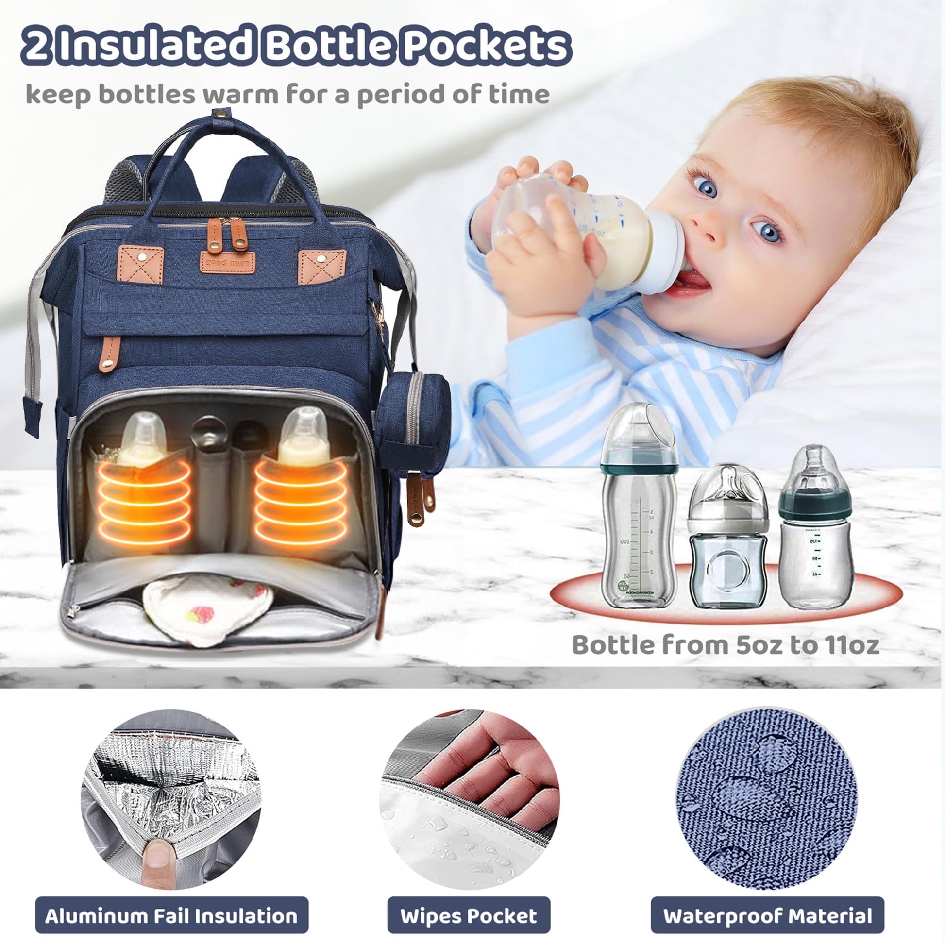 Morfone Baby Diaper Bag Backpack with Changing Station, Large Capacity Baby Bag, Waterproof Travel Backpack with USB Charging Port, Stroller Straps , Baby Shower Gifts