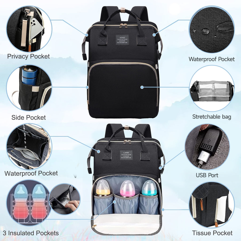 Morfone Baby Diaper Bag Backpack with Changing Station, Large Capacity Baby Bag, Waterproof Travel Backpack with USB Charging Port, Stroller Straps , Baby Shower Gifts