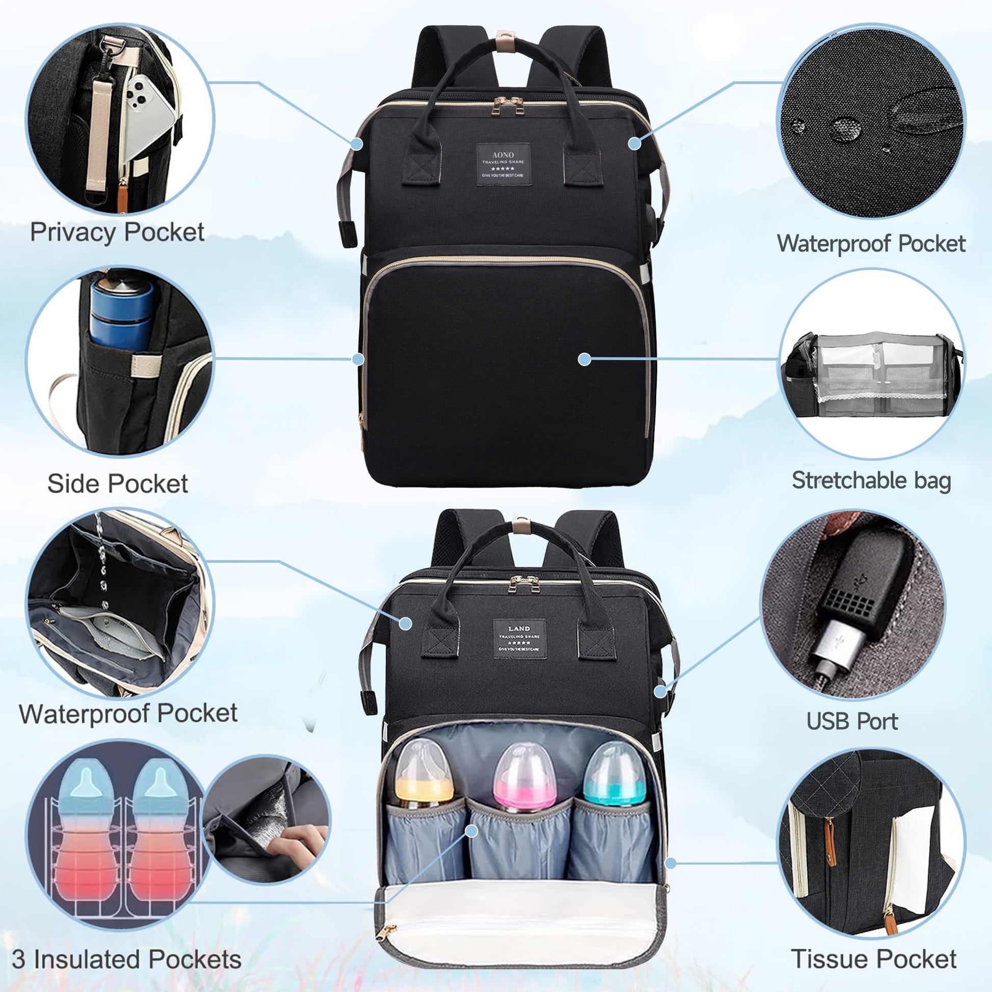 Morfone Baby Diaper Bag Backpack with Changing Station, Large Capacity Baby Bag, Waterproof Travel Backpack with USB Charging Port, Stroller Straps , Baby Shower Gifts