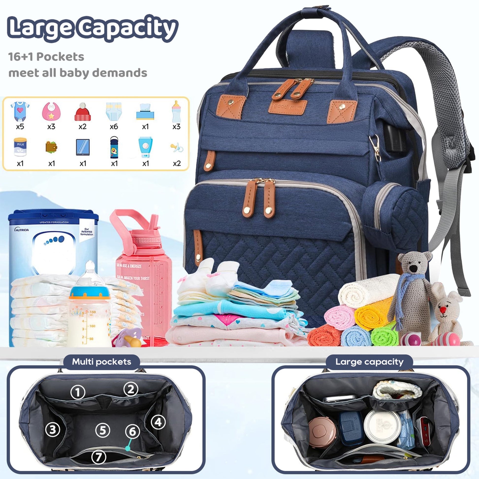 Morfone Baby Diaper Bag Backpack with Changing Station, Large Capacity Baby Bag, Waterproof Travel Backpack with USB Charging Port, Stroller Straps , Baby Shower Gifts