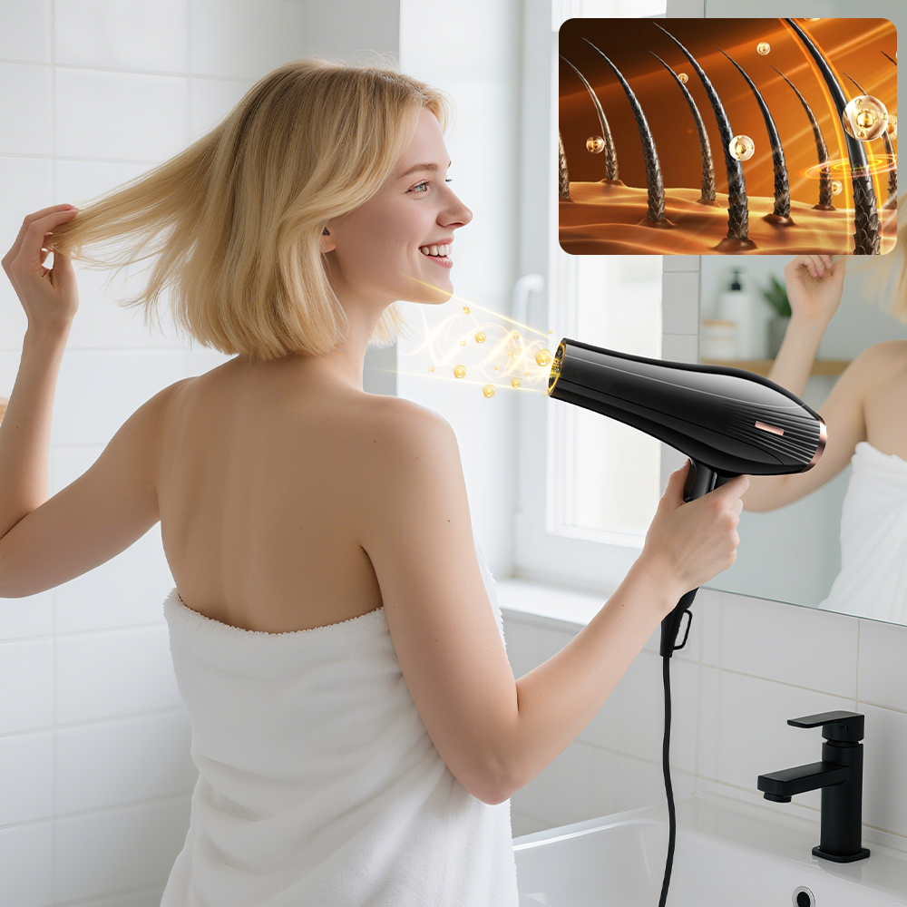 Morfone Black 12-piece Hair Dryer Set. Hair styling tools equipped with accessories such as combs, clips, and hair dryers. As a gift set