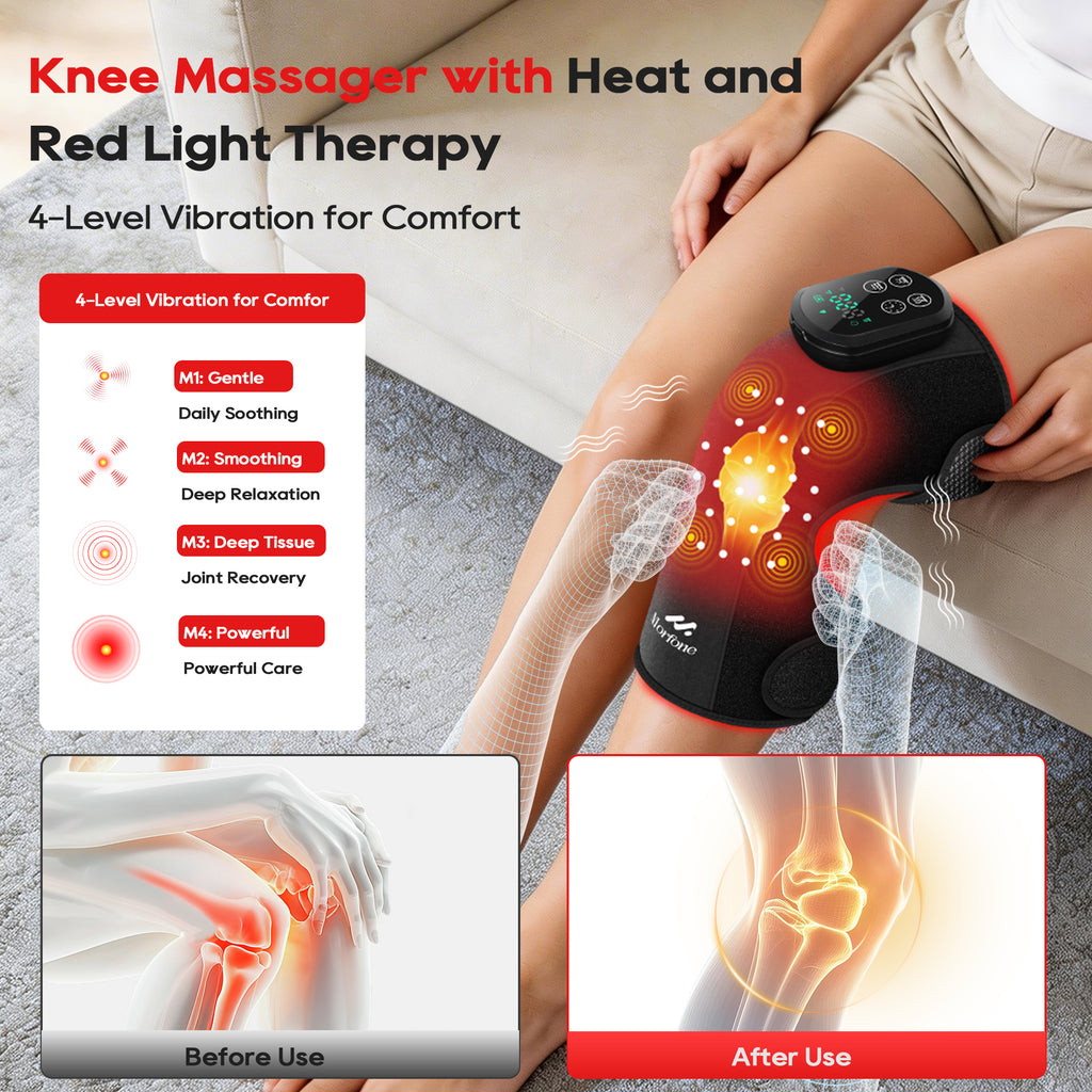 Morfone Cordless Red Light Knee Massager with 3 Heat & 3 Vibration, 660nm & 850nm Infrared Light Knee Brace with Timer，Ideal Gift for Women Man