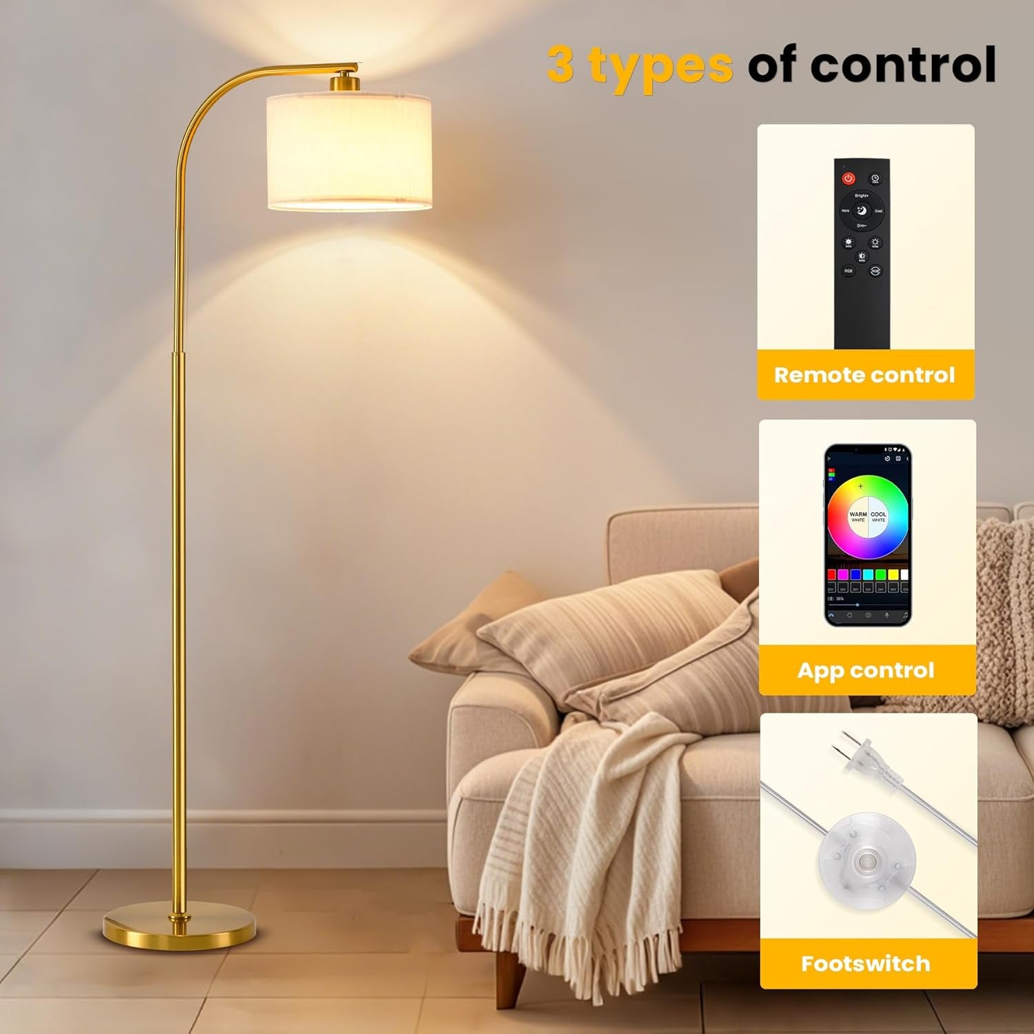 ACMETOP Floor Lamp for Living Room with Remote,Dimmable Tall Standing Lamps,Modern Floor Light with Smart RGB Bulb,App Control,3 Color Temperatures,Fabric Shades