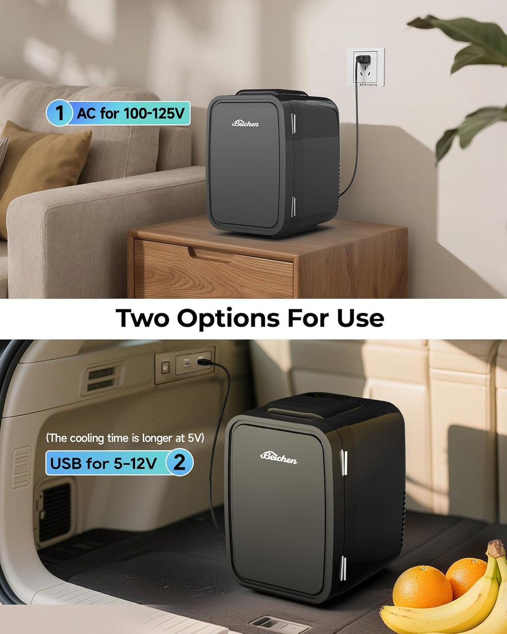 BEICHEN 4L / 6Can Mini Fridge Low Noise AC / USB Portable Refrigerator