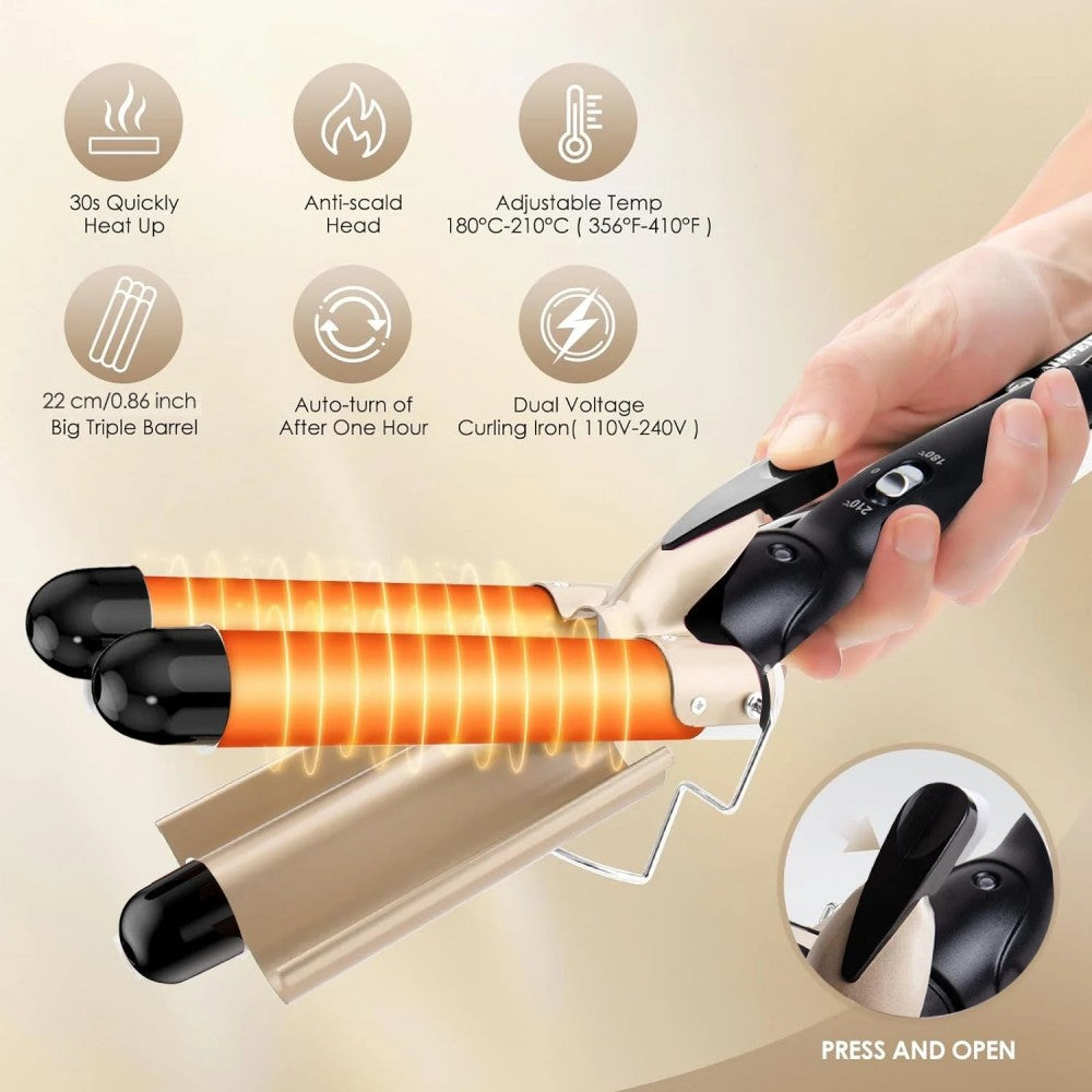 Morfone 22mm Triple Barrel Curling Iron with Ceramic Coating and Adjustable Temperature (Gold)