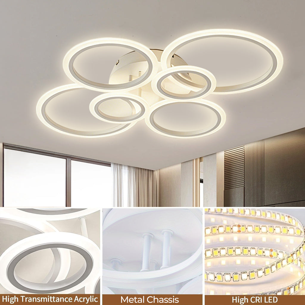 Anoak Ceiling Light, Dimmable Modern LED Ceiling Light with Remote Control, 30.7" 6-Ring Light Fixture for Living Room, Dining Room, Bedroom, Kitchen
