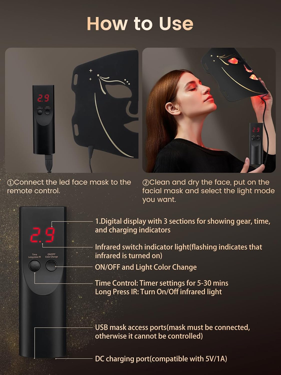 Morfone Red Light Mask , 7-Color LED Face Mask with 5 Brightness, Timer for Home Use Working Travel Yoga