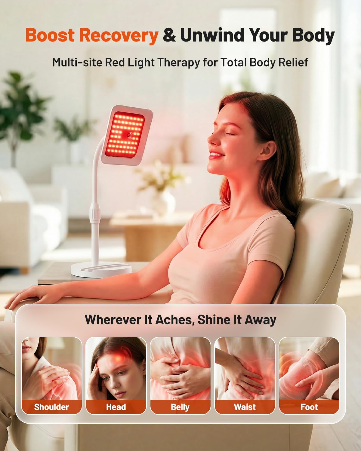 Morfone Red Light Lamp for Body and Face, Tri-Wavelength Red Light Panel with 660nm 850nm 940nm, Near Infrared Light Device with 270° Adjustable Stand for Home Office Travel Use