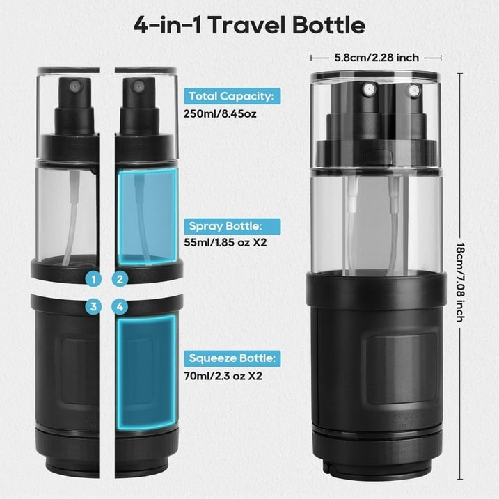 Morfone Travel Bottles for Toiletries, 4 in 1 TSA Approved Travel size Containers for Toiletries,Leak Proof Refillable Liqus Shampoo And Conditioner Travel Essentials toiletry Bottles