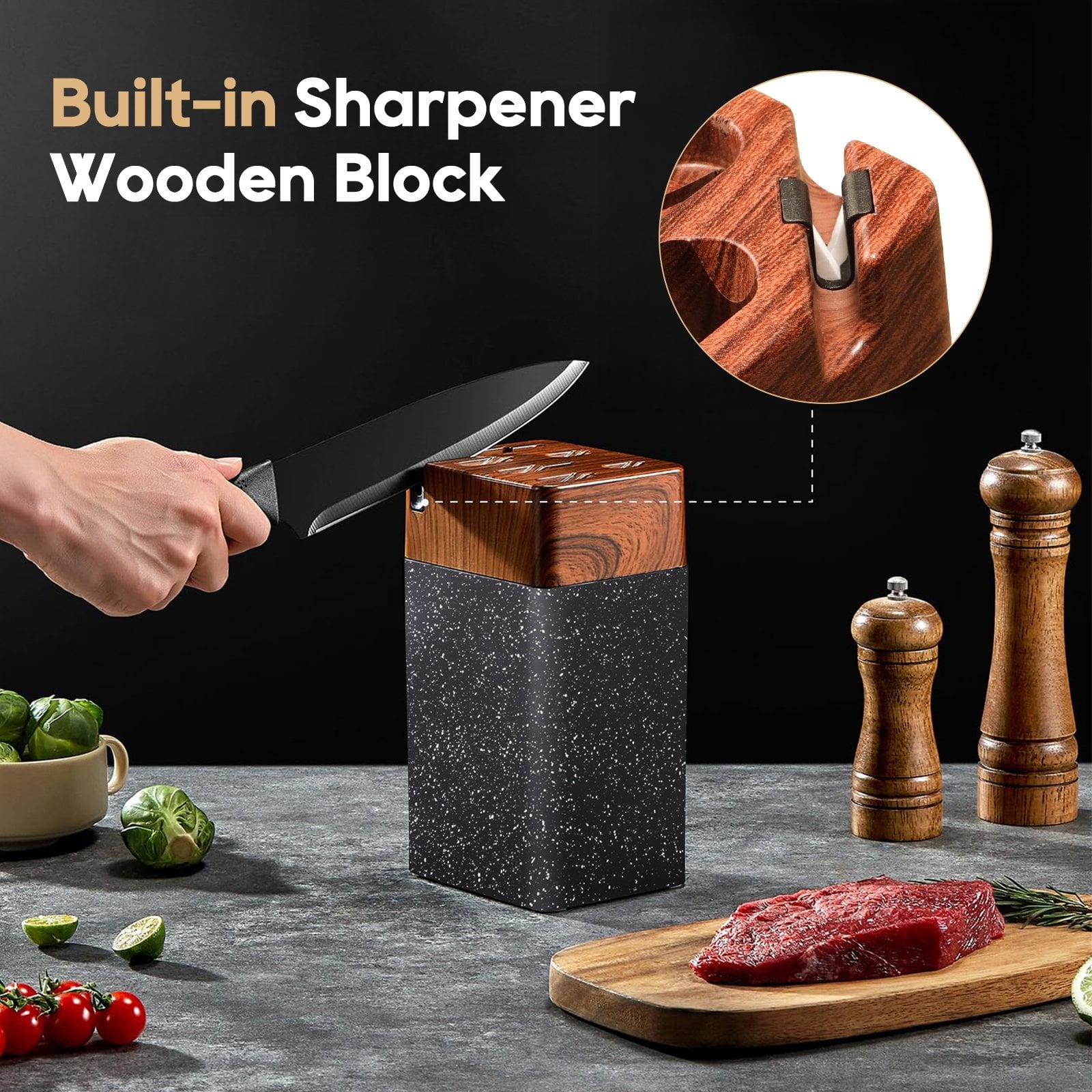 ACMETOP Knife Set, 7 Piece High Carbon Stainless Steel Kitchen Knife Block Set with Built in Sharpener, Black