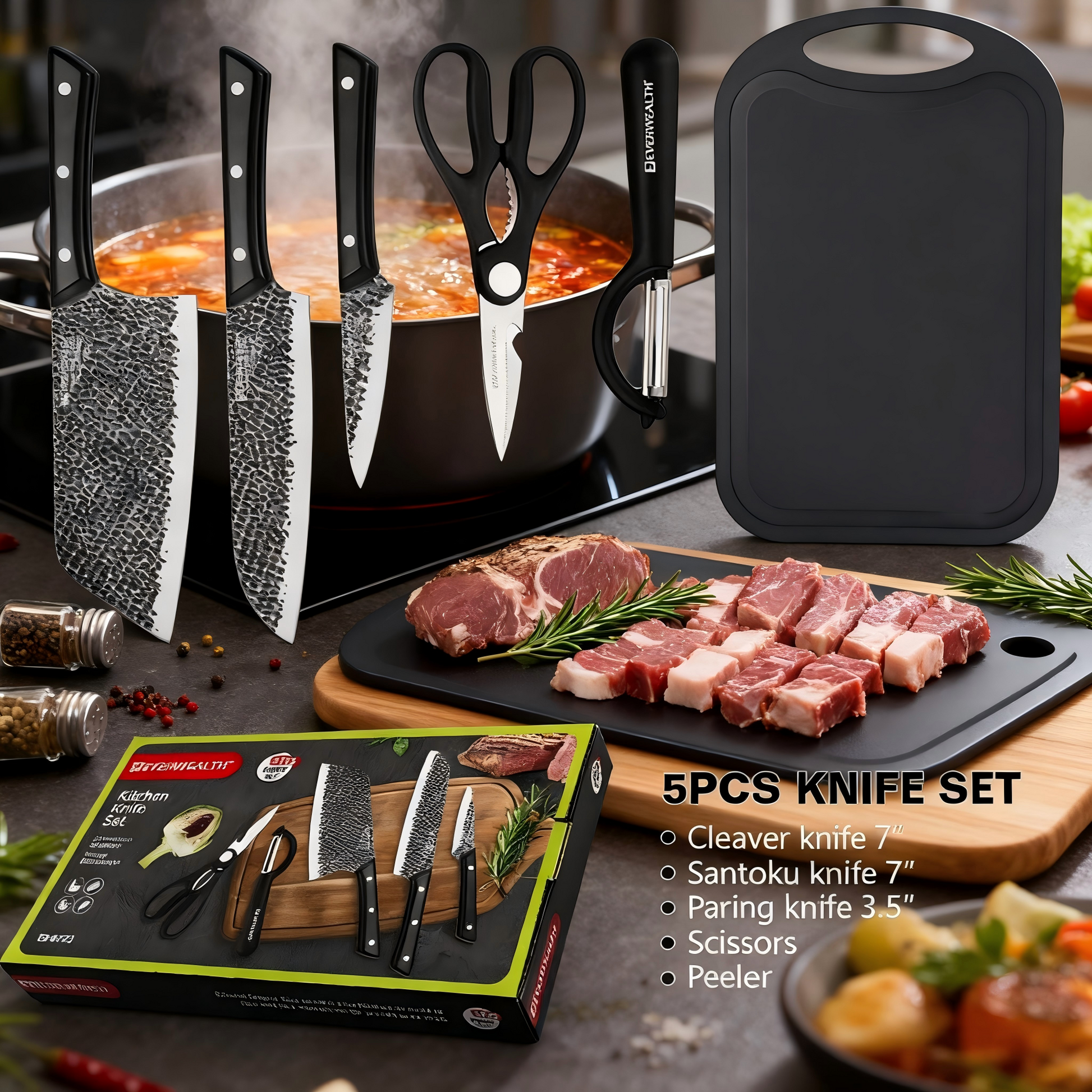 Mooues 6-Piece Set with Chopping Board and Hammered Finish Knives, Kitchen Utensil Knife Set. Boxed design, perfect for gifting