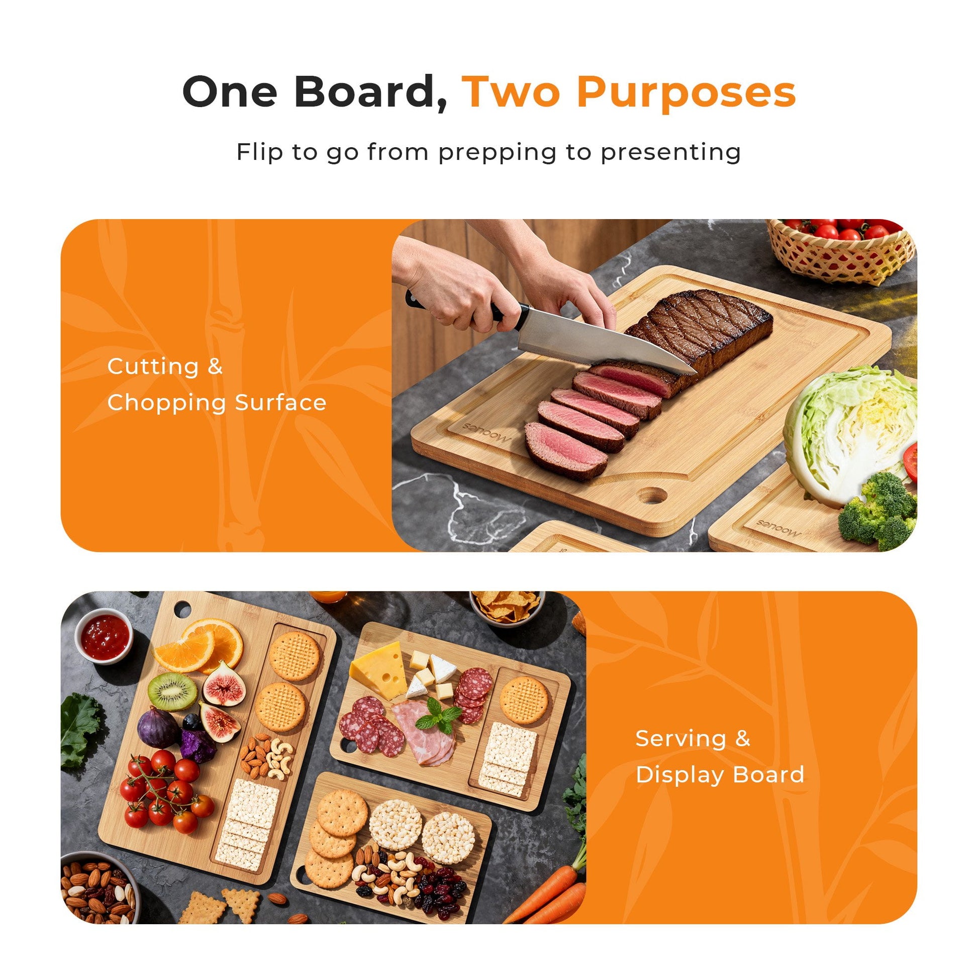 ACMETOP Wooden Cutting Boards for Kitchen, Reversible Deep-Carbonized Bamboo Cutting Board with Juice Groove, Knife-Friendly, Kitchen Gift (3 Pcs)