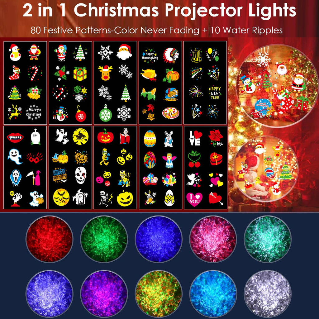 ACMETOP Christmas Projector Lights Outdoor, 2-in-1 Holiday Projector Lights With 80 HD Patterns, 10 3D Ocean Wave for Party Garden Yard Decor