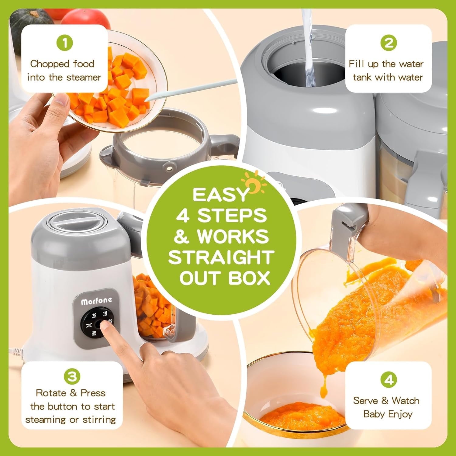 Morfone Baby Food Maker, One Step Baby Food Processor Steamer Puree Blender, Auto Cooking, Grinding, Self Cleans for Fruit, Vegetable, Meat (White)