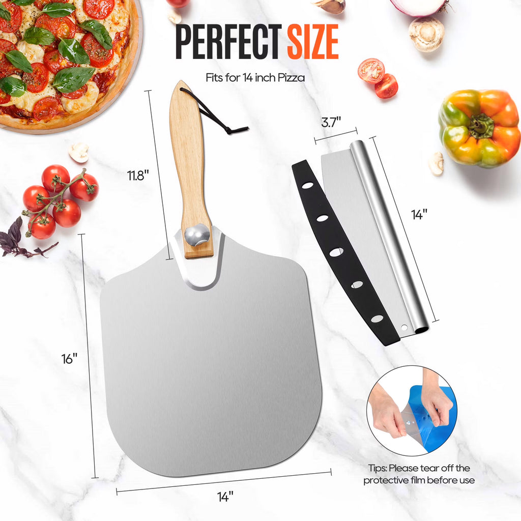 ACMETOP Pizza Peel 12 inch, Aluminum Metal Pizza Paddle Spatula with Foldable Wood Handle Rocker Cutter, Pizza Oven Accessories for Baking Homemade Pizza Bread