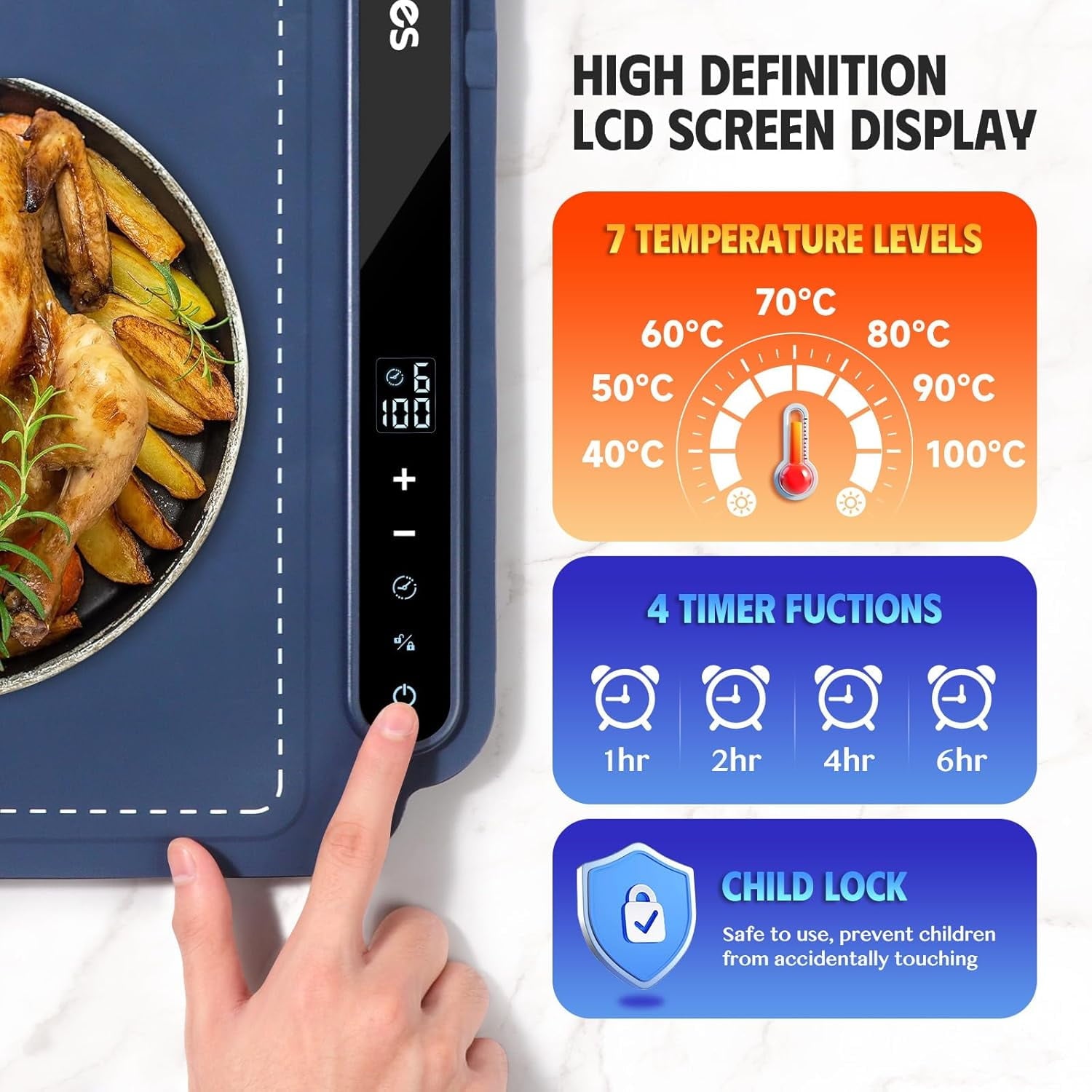 ACMETOP Food Warming Mat, Portable Silicone Electric Warming Tray, Versatile Full Surface 10s Heating Food Warmer with 7 Level Temperature & Timer for home dinner, Parties, Buffets andTravel (Beige)