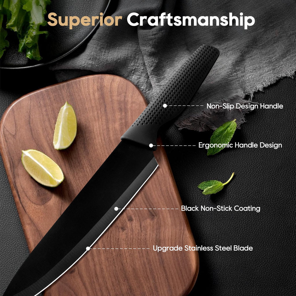 ACMETOP Knife Set, 7 Piece High Carbon Stainless Steel Kitchen Knife Block Set with Built in Sharpener, Black