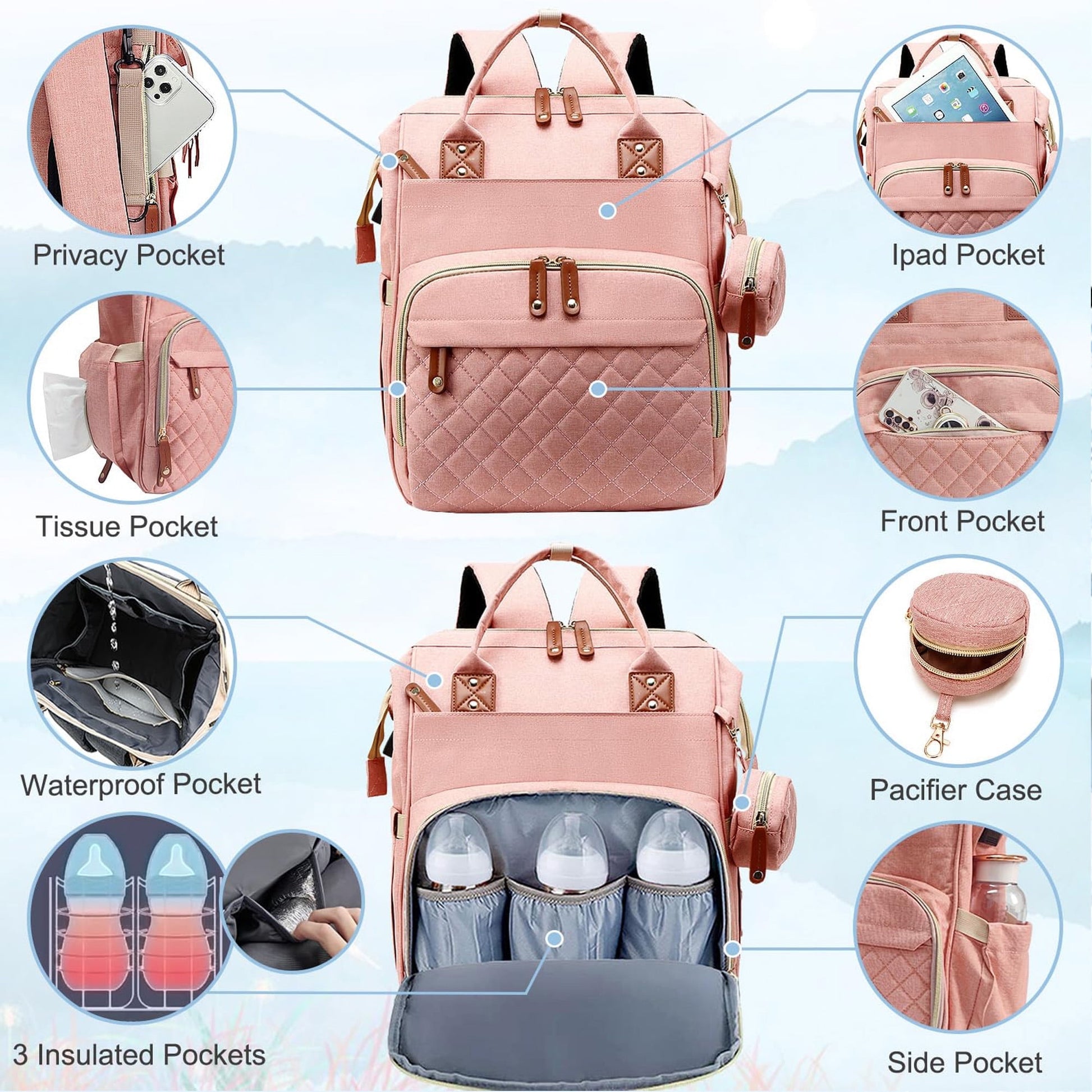 Morfone Baby Diaper Bag Backpack, Multifunction Waterproof Baby Bag with USB Charging Port, Stroller Straps & Pacifier Case Unisex