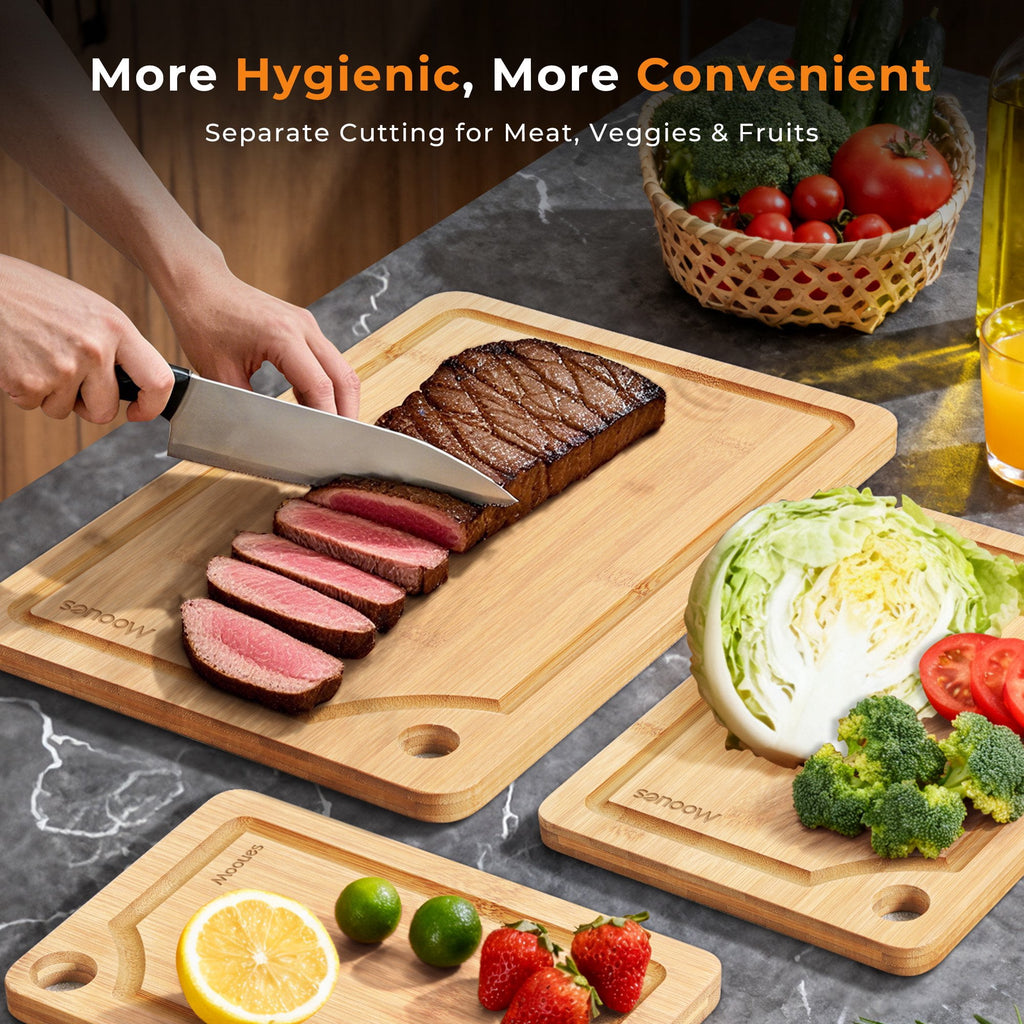 ACMETOP Wooden Cutting Boards for Kitchen, Reversible Deep-Carbonized Bamboo Cutting Board with Juice Groove, Knife-Friendly, Kitchen Gift (3 Pcs)