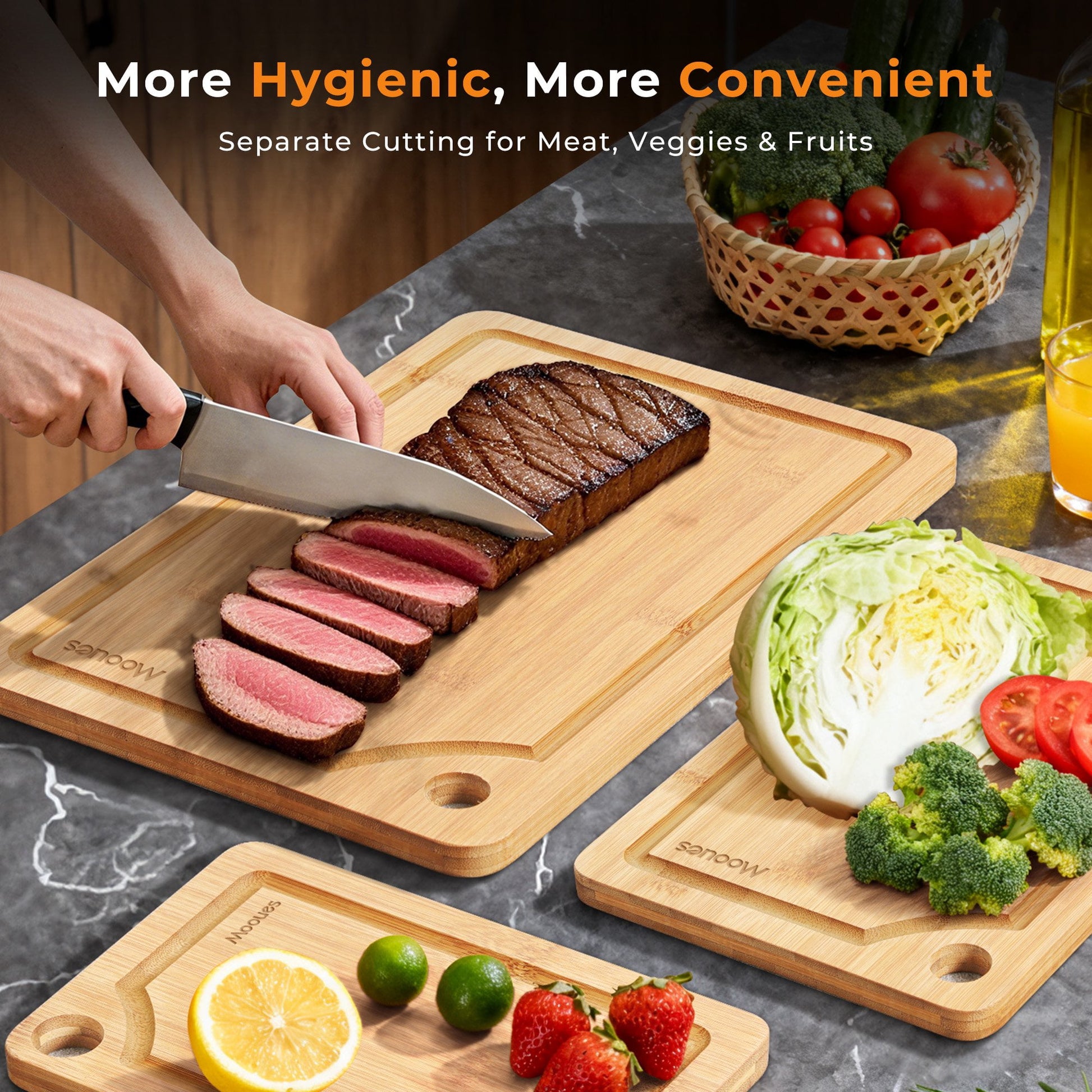 ACMETOP Wooden Cutting Boards for Kitchen, Reversible Deep-Carbonized Bamboo Cutting Board with Juice Groove, Knife-Friendly, Kitchen Gift (3 Pcs)