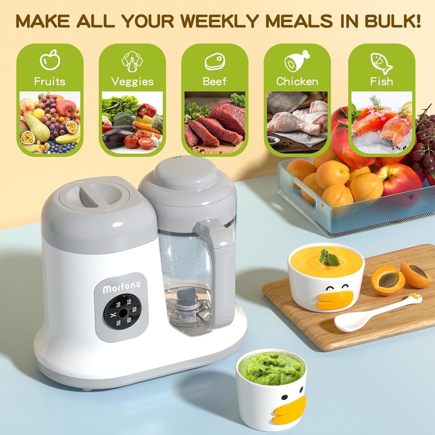 Morfone Baby Food Maker, One Step Baby Food Processor Steamer Puree Blender, Auto Cooking, Grinding, Self Cleans for Fruit, Vegetable, Meat (White)