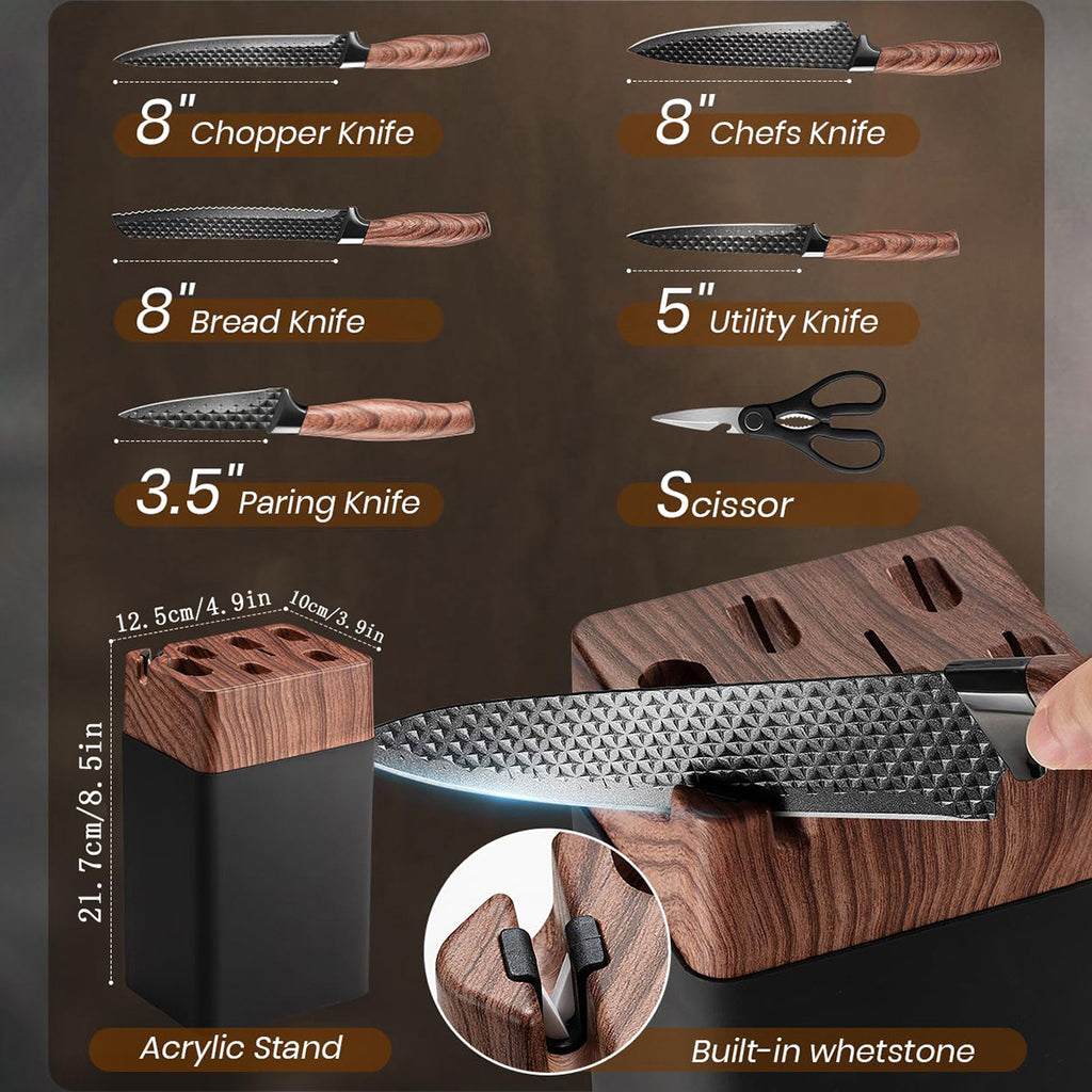 Mooues Black Knife Block Stainless Steel 7-Piece Knife Set with Sharpener. Home Kitchen Knife Set & Gift Selection