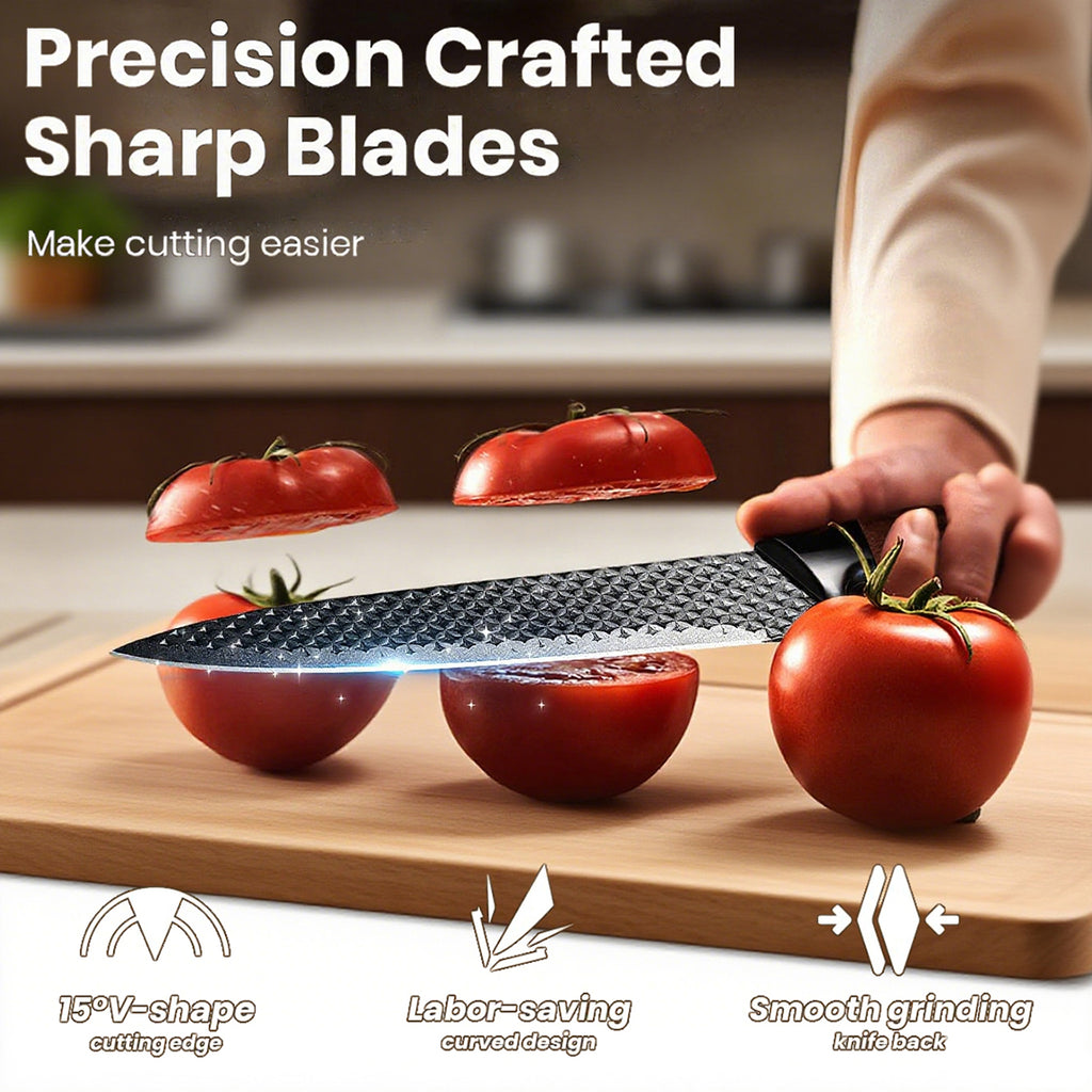 Mooues Black Knife Block Stainless Steel 7-Piece Knife Set with Sharpener. Home Kitchen Knife Set & Gift Selection