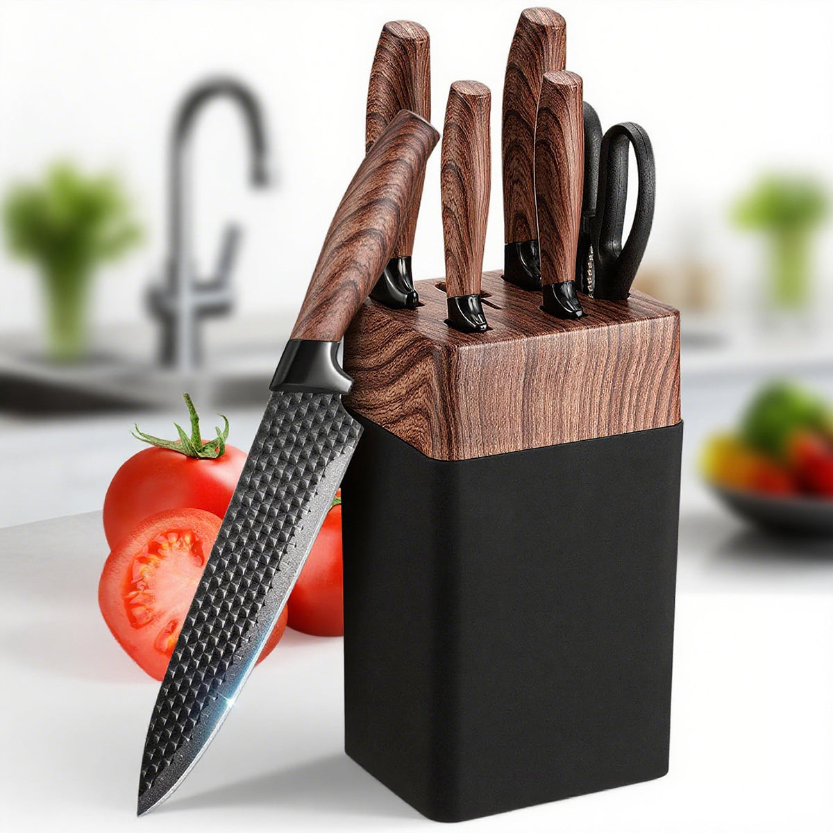 Mooues Black Knife Block Stainless Steel 7-Piece Knife Set with Sharpener. Home Kitchen Knife Set & Gift Selection